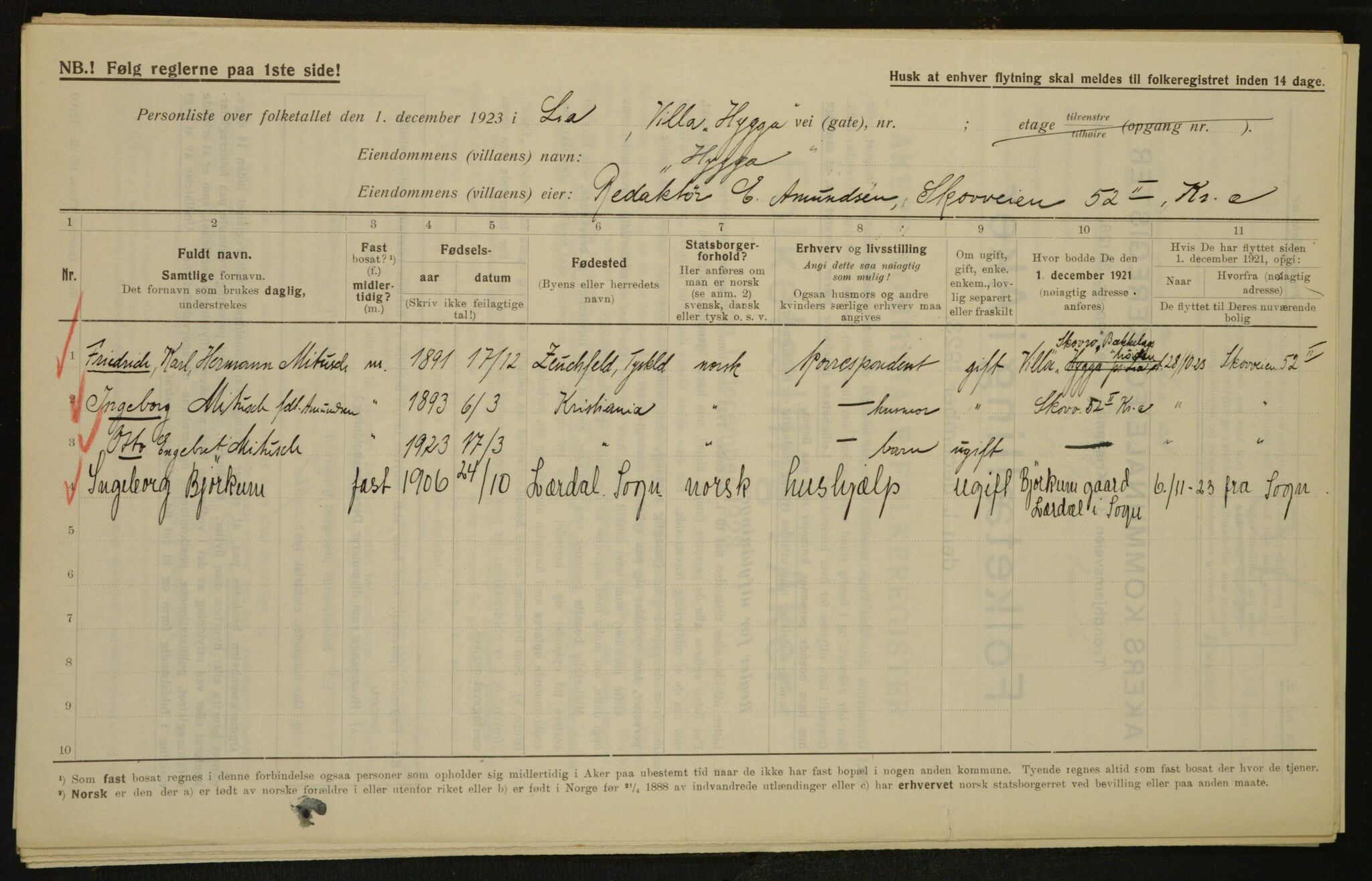 , Kommunal folketelling 1.12.1923 for Aker, 1923, s. 3560