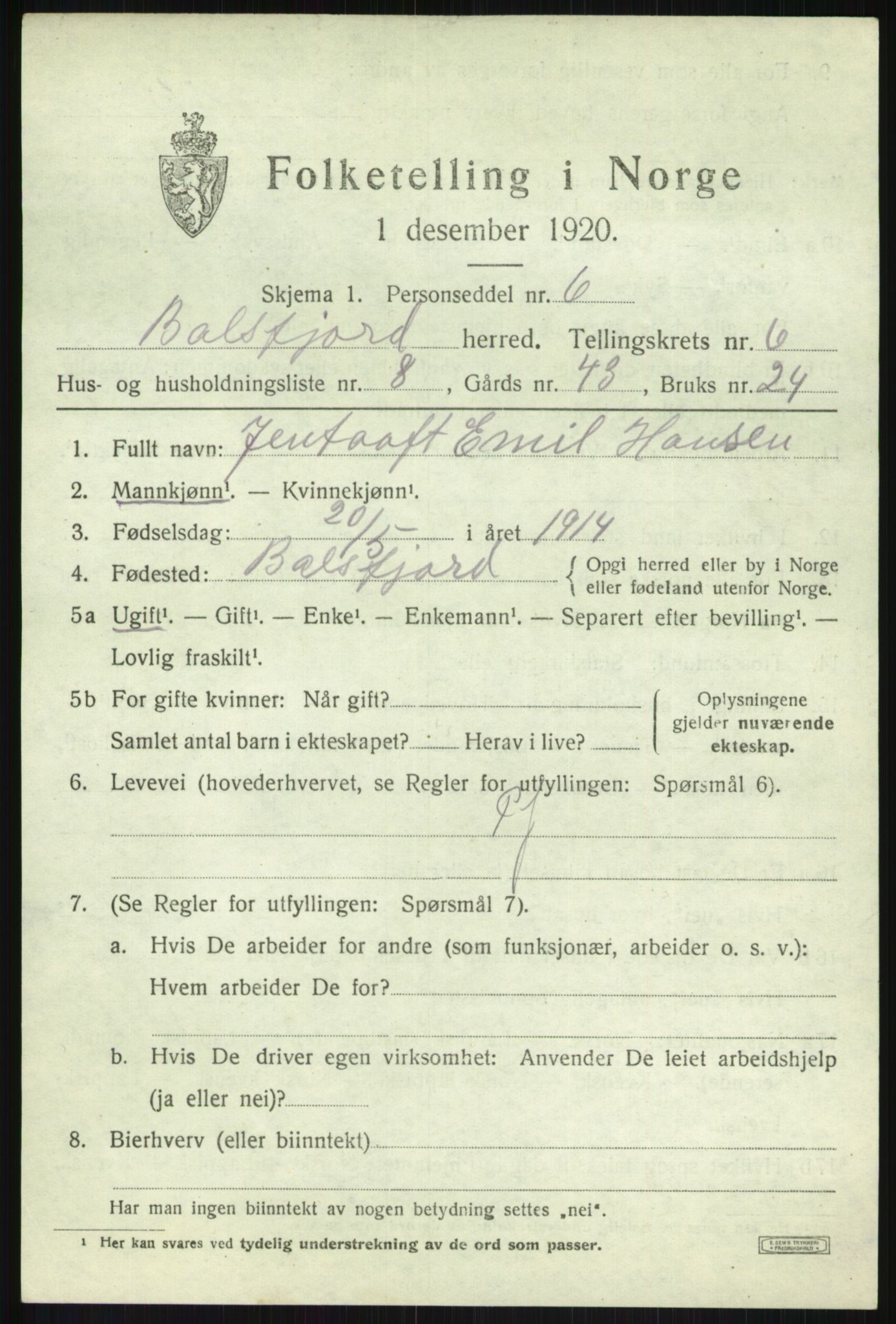 SATØ, Folketelling 1920 for 1933 Balsfjord herred, 1920, s. 3834