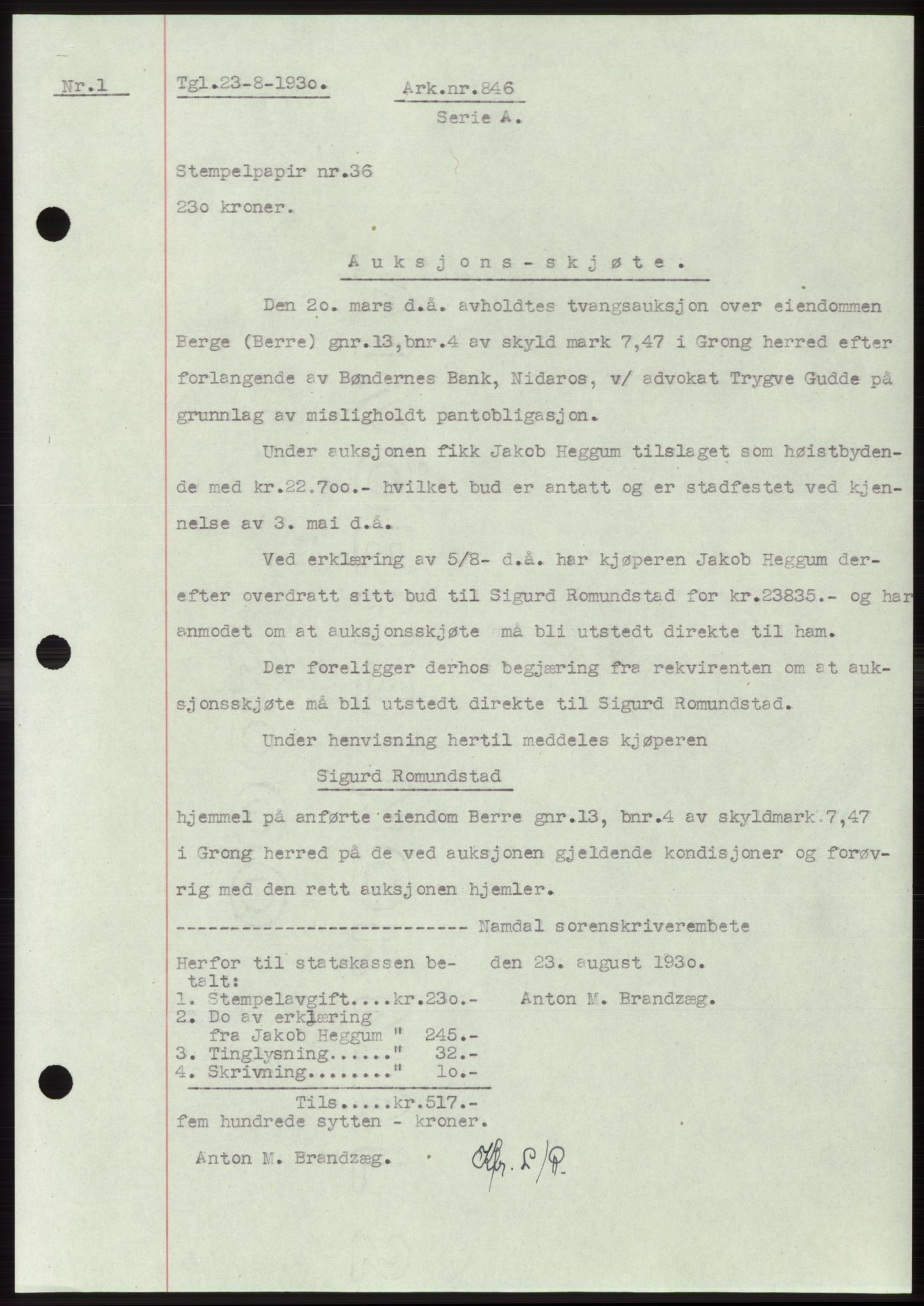 Namdal sorenskriveri, SAT/A-4133/1/2/2C: Pantebok nr. -, 1926-1930, Tingl.dato: 23.08.1930