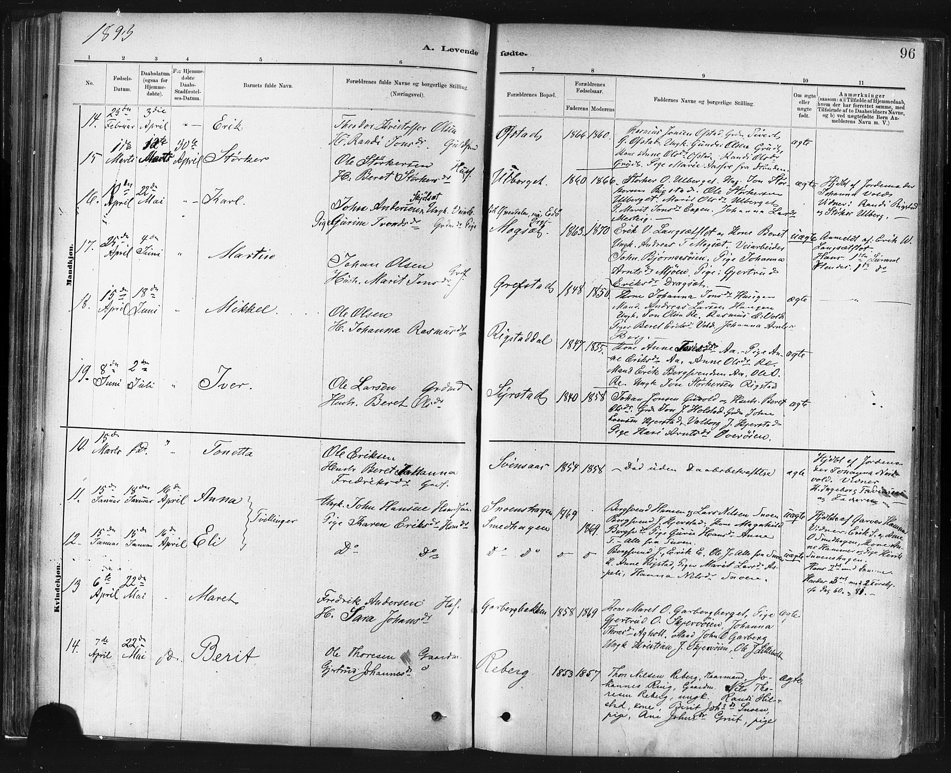 Ministerialprotokoller, klokkerbøker og fødselsregistre - Sør-Trøndelag, SAT/A-1456/672/L0857: Ministerialbok nr. 672A09, 1882-1893, s. 96
