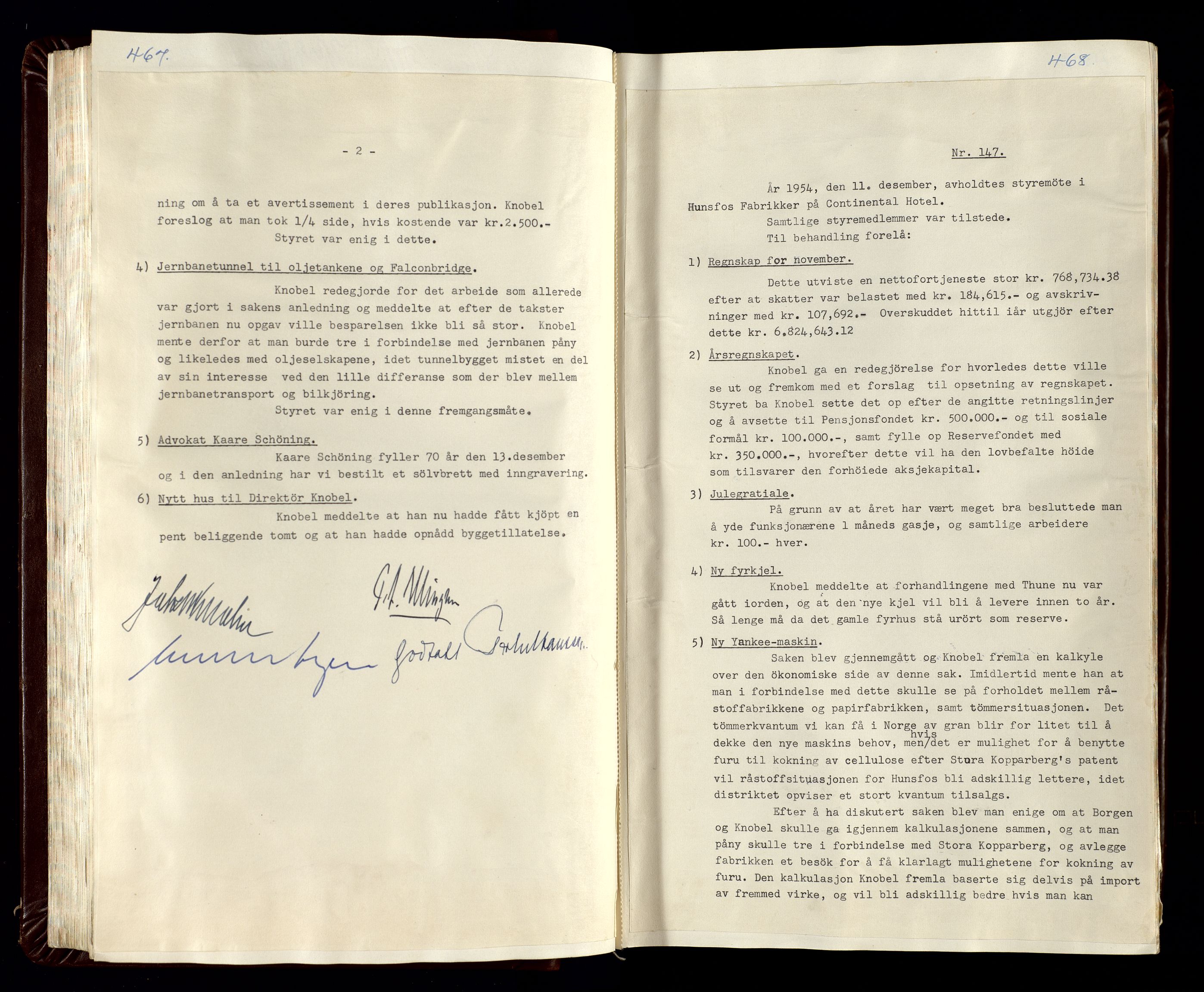 Hunsfos fabrikker, SAK/D/1440/02/L0007: Referatprotokoll fra styremøter (møte nr 114-221), 1951-1964, s. 467-468