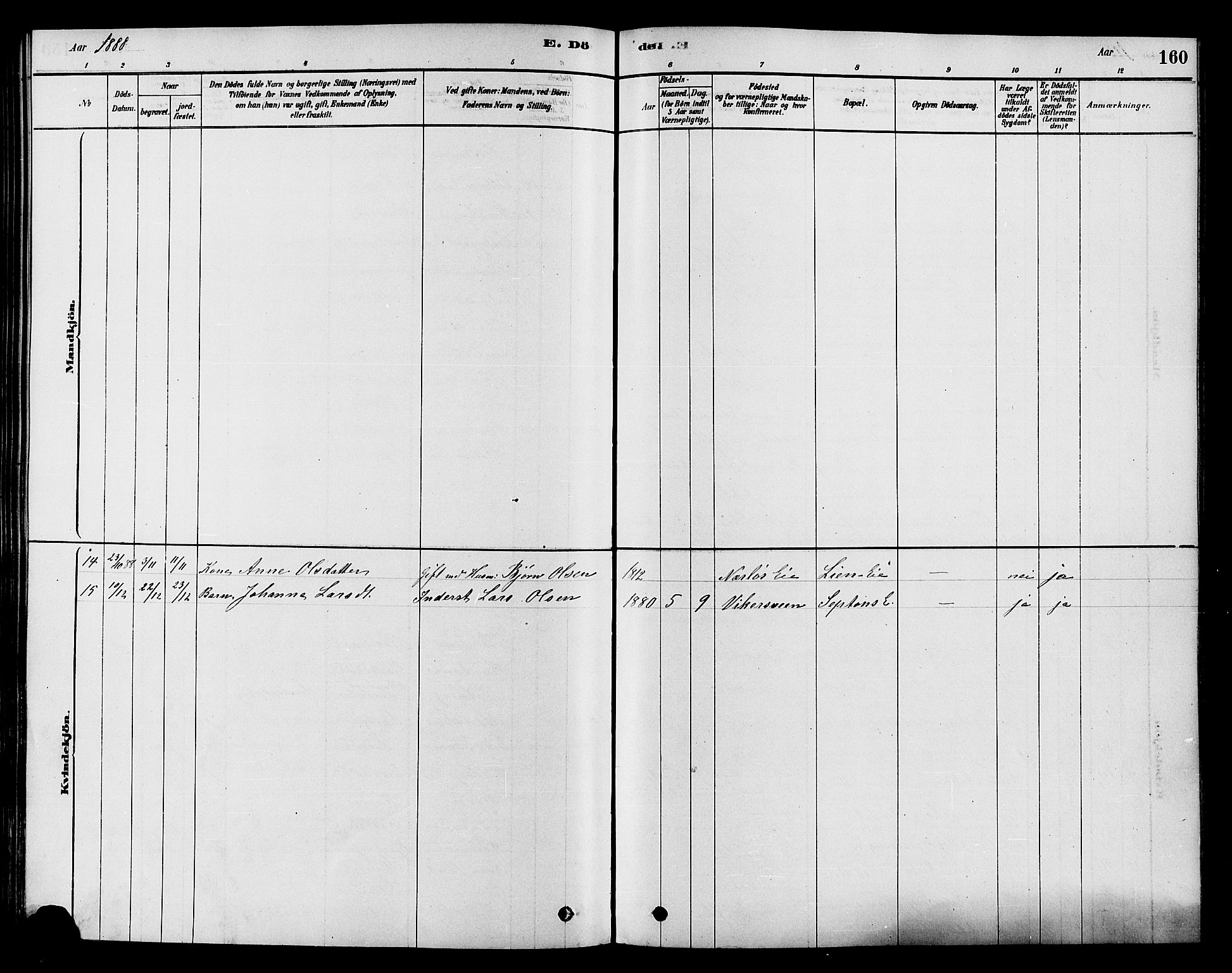 Søndre Land prestekontor, SAH/PREST-122/K/L0002: Ministerialbok nr. 2, 1878-1894, s. 160