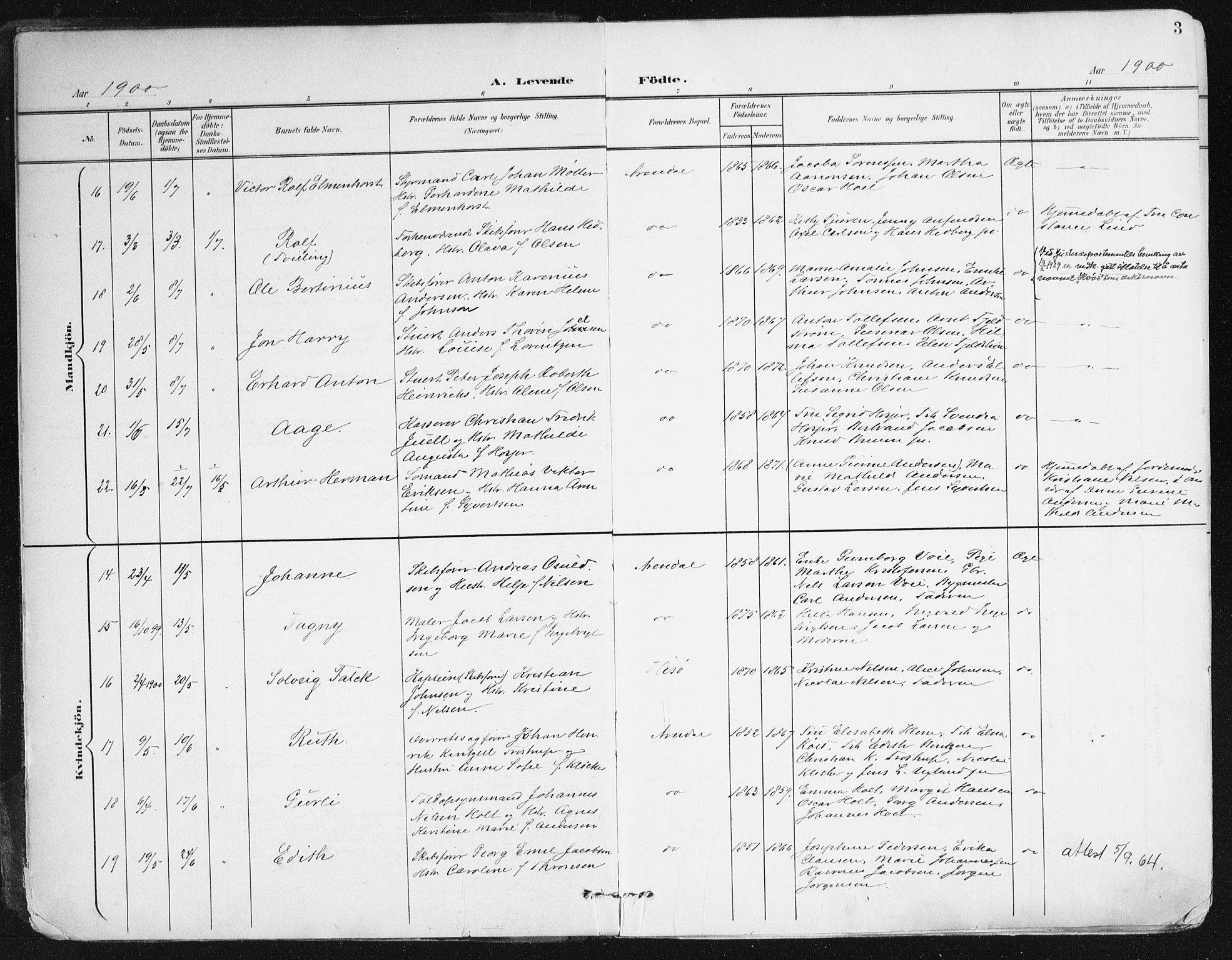 Arendal sokneprestkontor, Trefoldighet, AV/SAK-1111-0040/F/Fa/L0010: Ministerialbok nr. A 10, 1900-1919, s. 3
