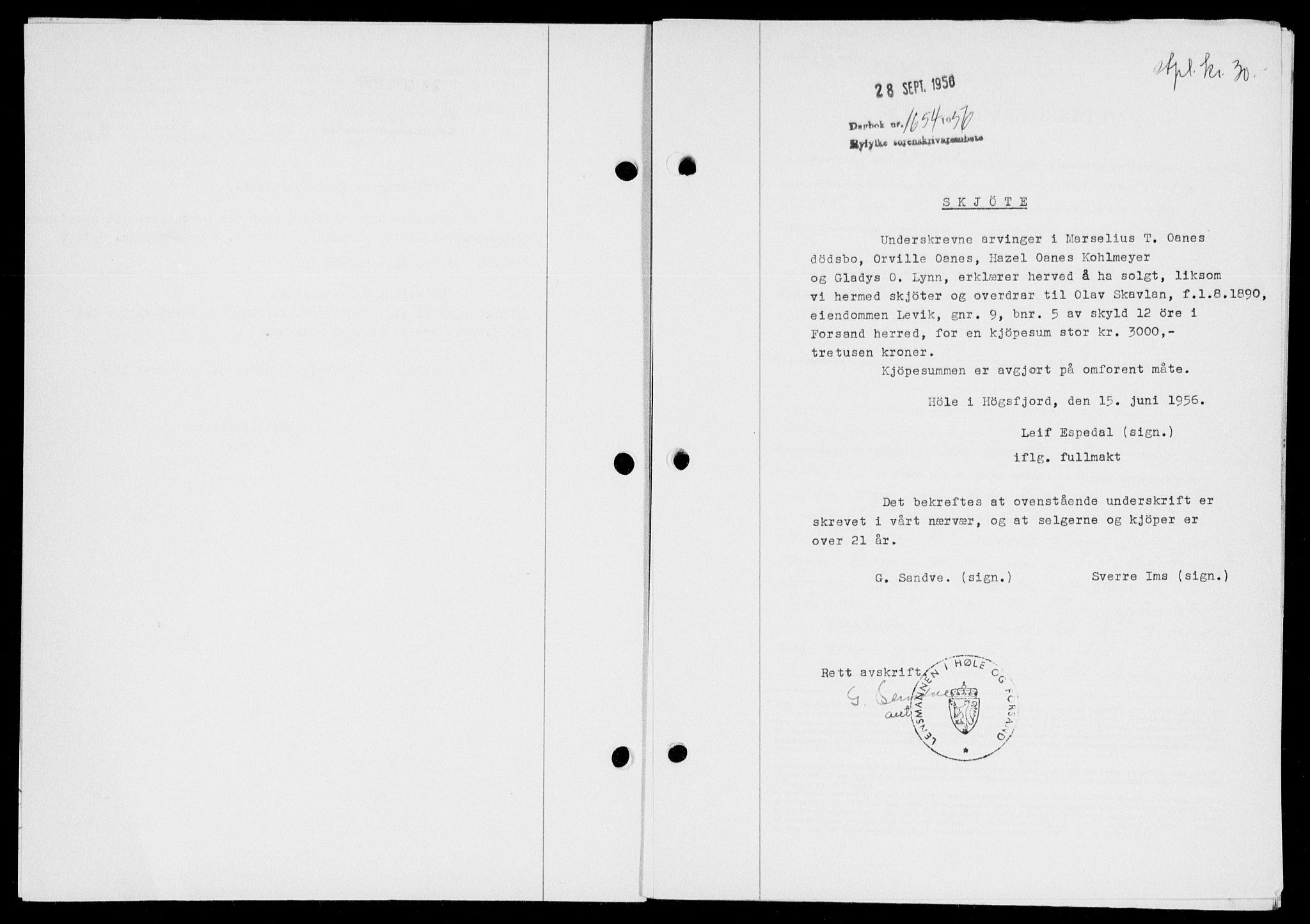 Ryfylke tingrett, SAST/A-100055/001/II/IIB/L0134: Pantebok nr. 113, 1956-1956, Dagboknr: 1654/1956