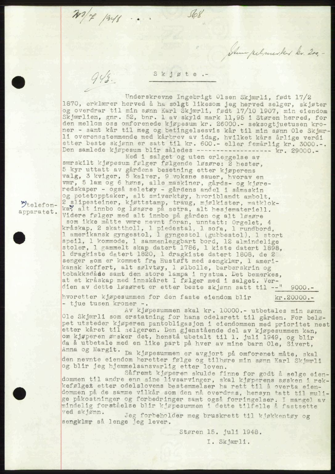 Gauldal sorenskriveri, SAT/A-0014/1/2/2C: Pantebok nr. A6, 1948-1948, Dagboknr: 943/1948