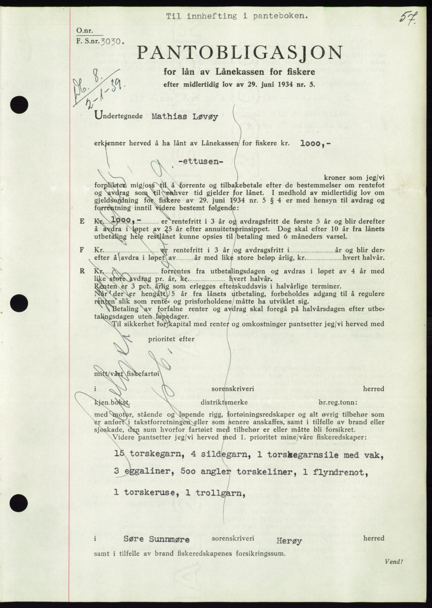 Søre Sunnmøre sorenskriveri, AV/SAT-A-4122/1/2/2C/L0067: Pantebok nr. 61, 1938-1939, Dagboknr: 8/1939