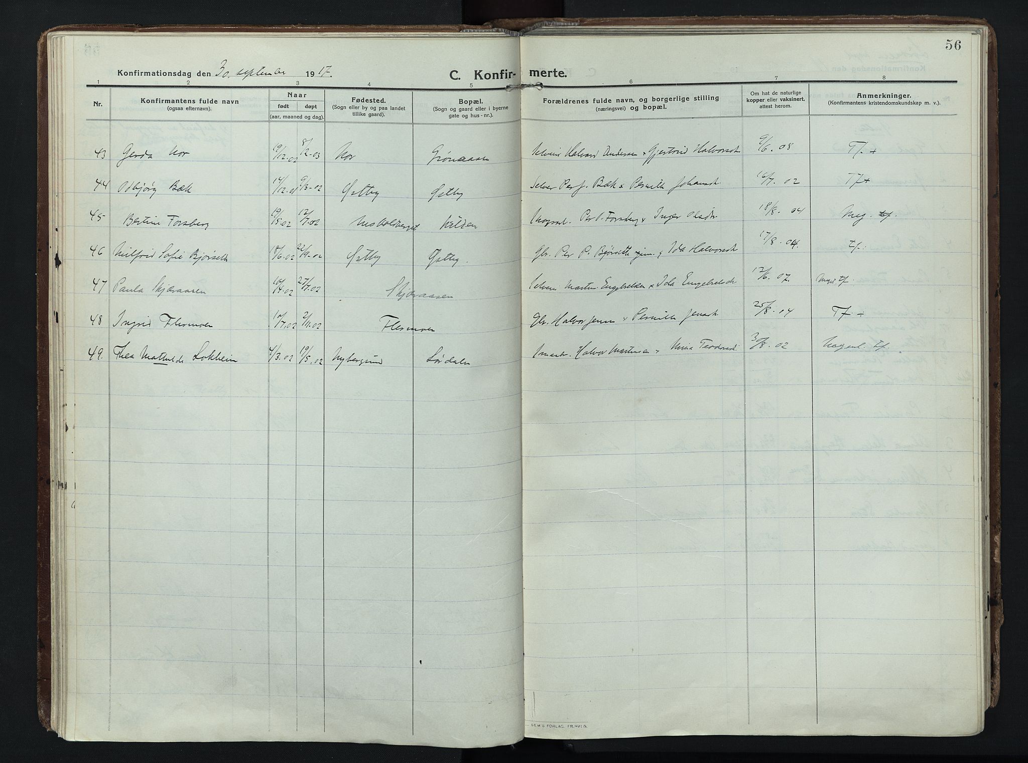 Trysil prestekontor, AV/SAH-PREST-046/H/Ha/Haa/L0014: Ministerialbok nr. 14, 1912-1923, s. 56