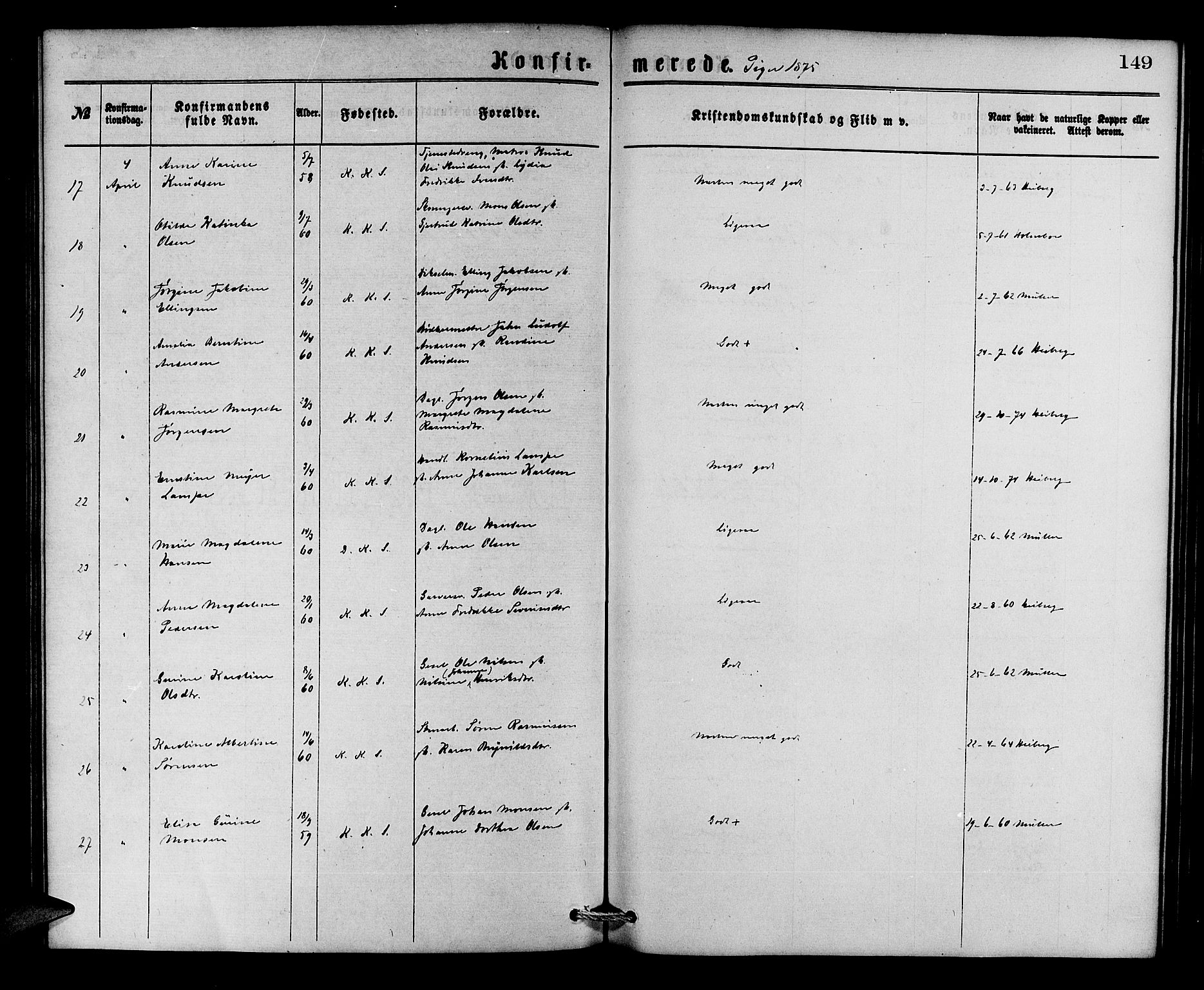 Korskirken sokneprestembete, AV/SAB-A-76101/H/Hab: Klokkerbok nr. C 2, 1869-1879, s. 149