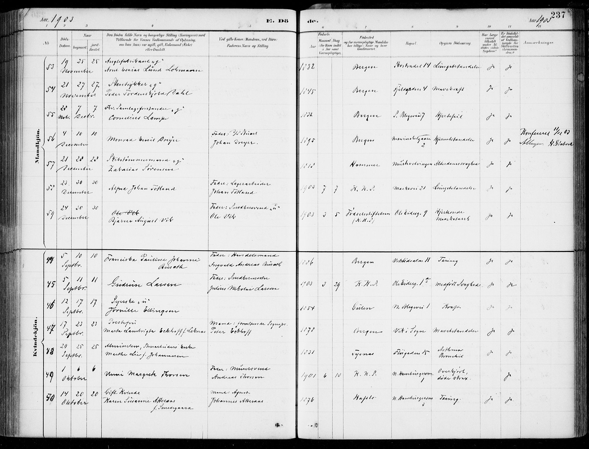 Korskirken sokneprestembete, AV/SAB-A-76101/H/Hab: Klokkerbok nr. E 4, 1884-1910, s. 237