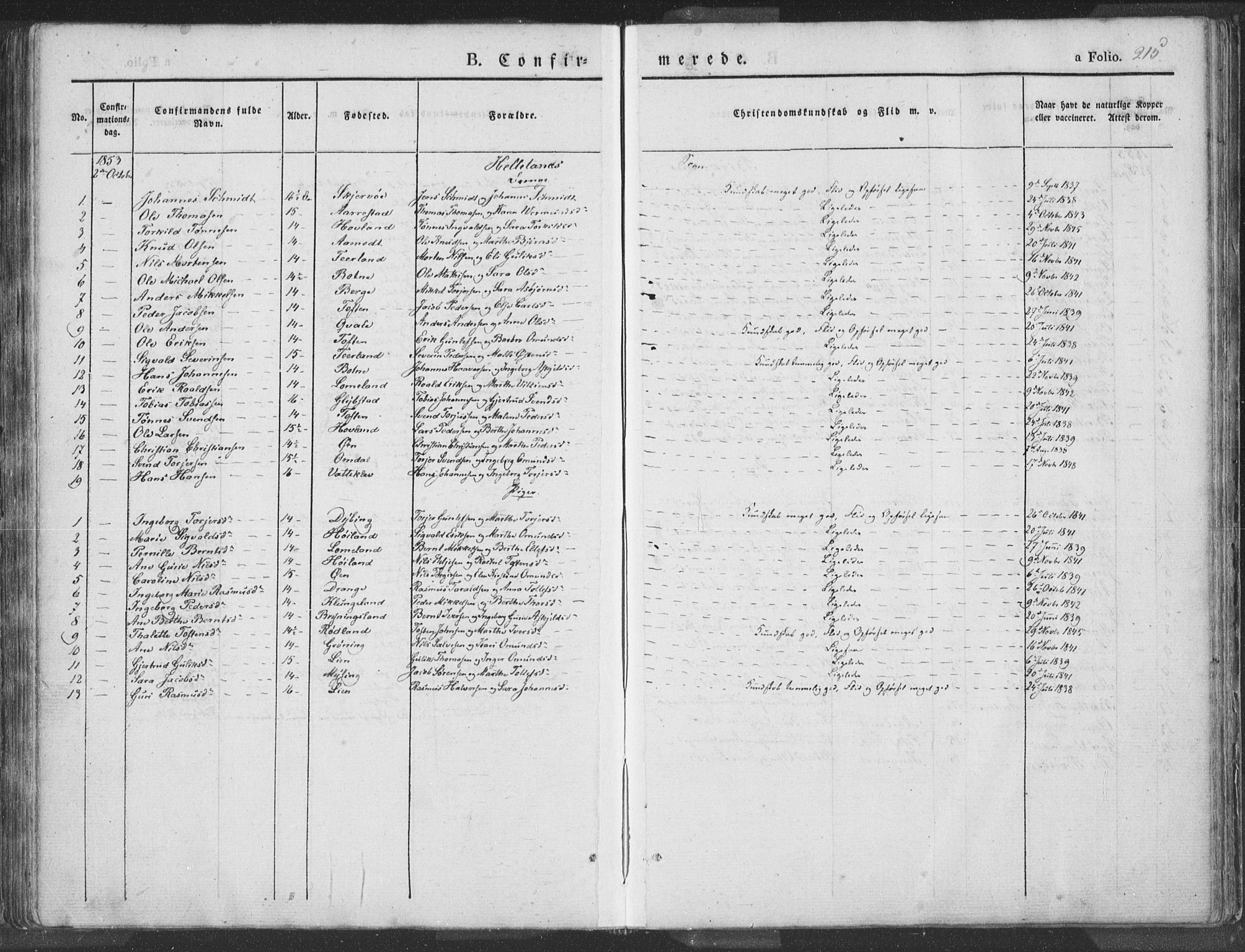 Helleland sokneprestkontor, SAST/A-101810: Ministerialbok nr. A 6.1, 1834-1863, s. 215