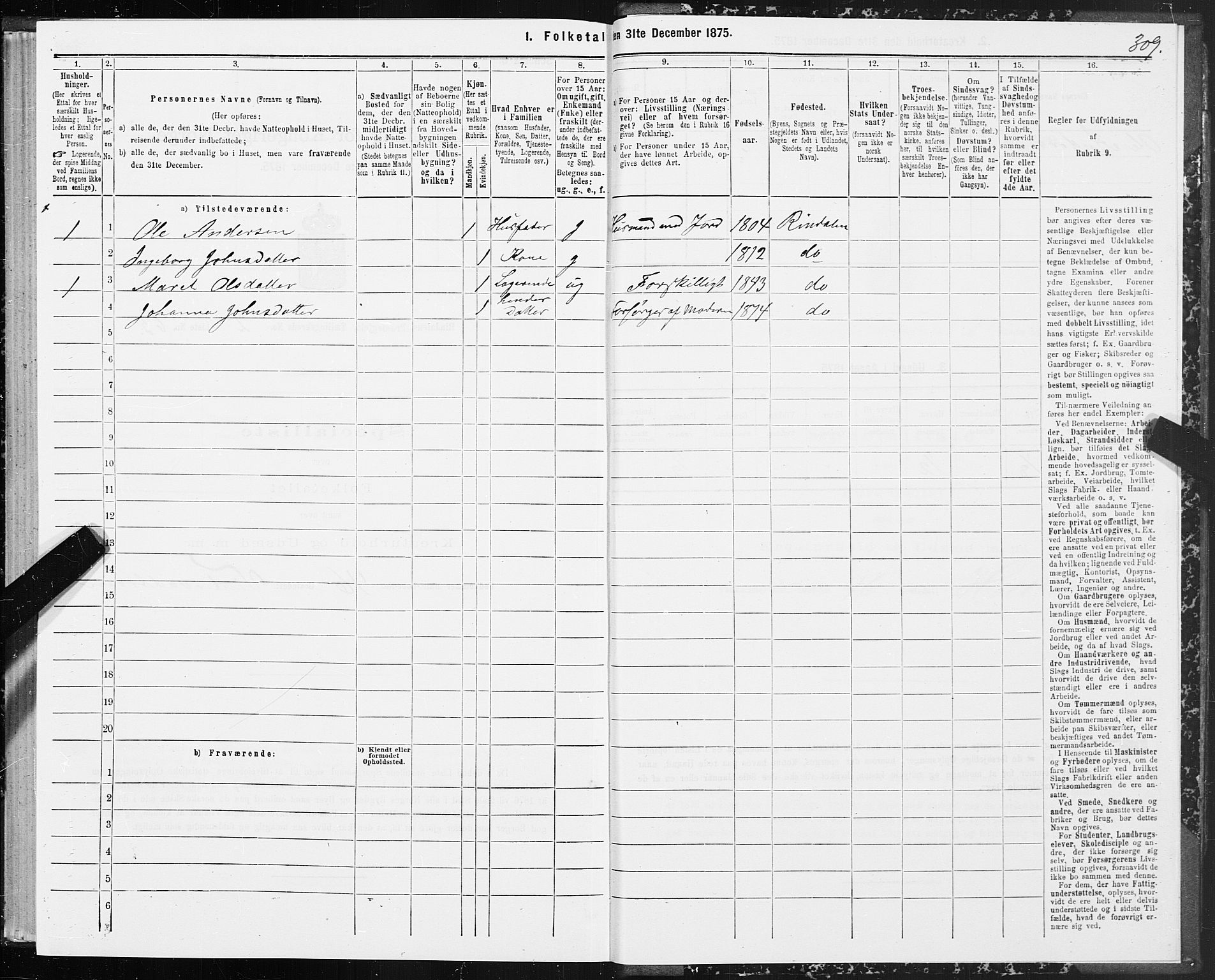 SAT, Folketelling 1875 for 1567P Rindal prestegjeld, 1875, s. 1309