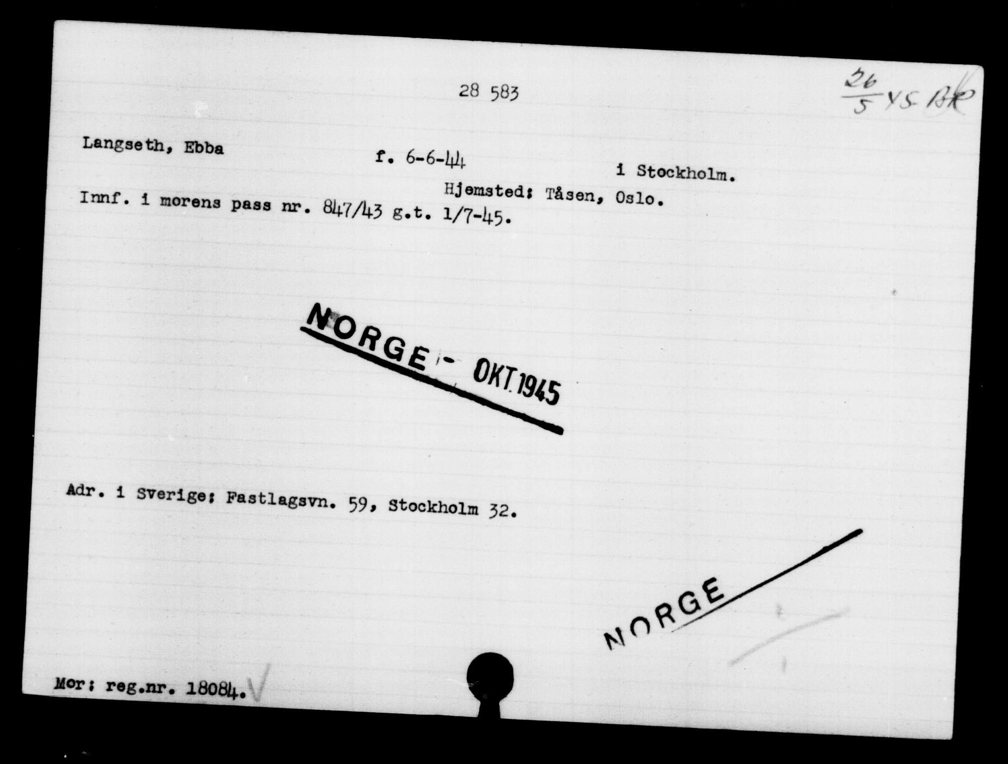 Den Kgl. Norske Legasjons Flyktningskontor, RA/S-6753/V/Va/L0012: Kjesäterkartoteket.  Flyktningenr. 28300-31566, 1940-1945, s. 305