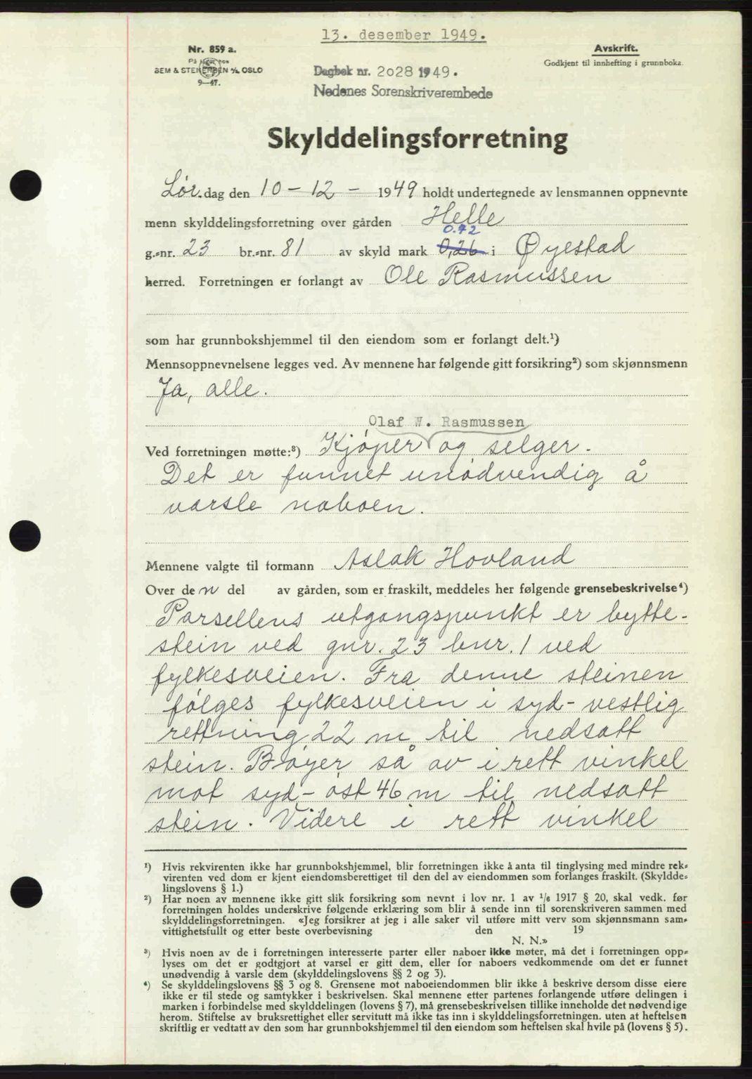 Nedenes sorenskriveri, AV/SAK-1221-0006/G/Gb/Gba/L0061: Pantebok nr. A13, 1949-1949, Dagboknr: 2028/1949