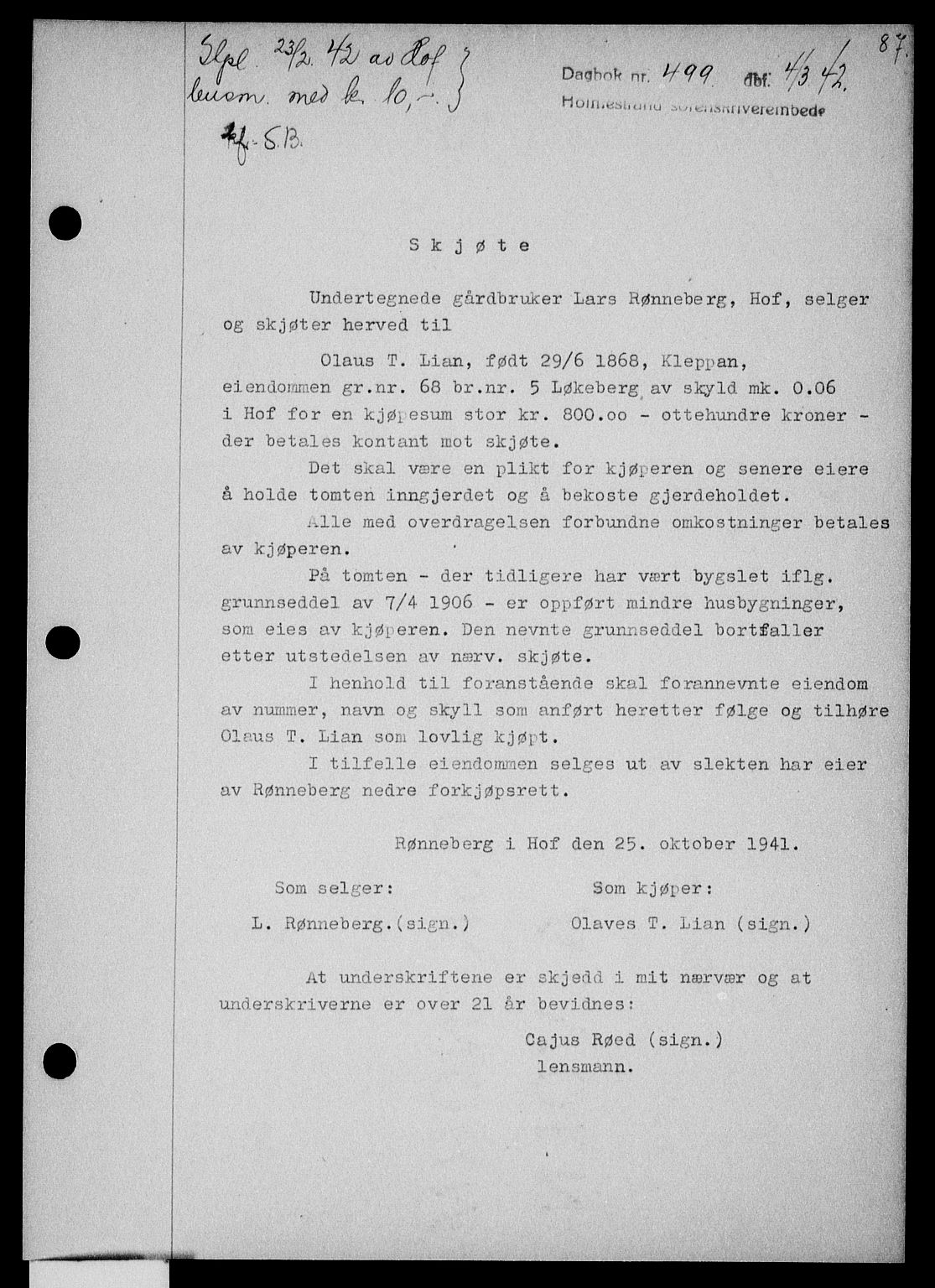 Holmestrand sorenskriveri, SAKO/A-67/G/Ga/Gaa/L0055: Pantebok nr. A-55, 1942-1942, Dagboknr: 499/1942