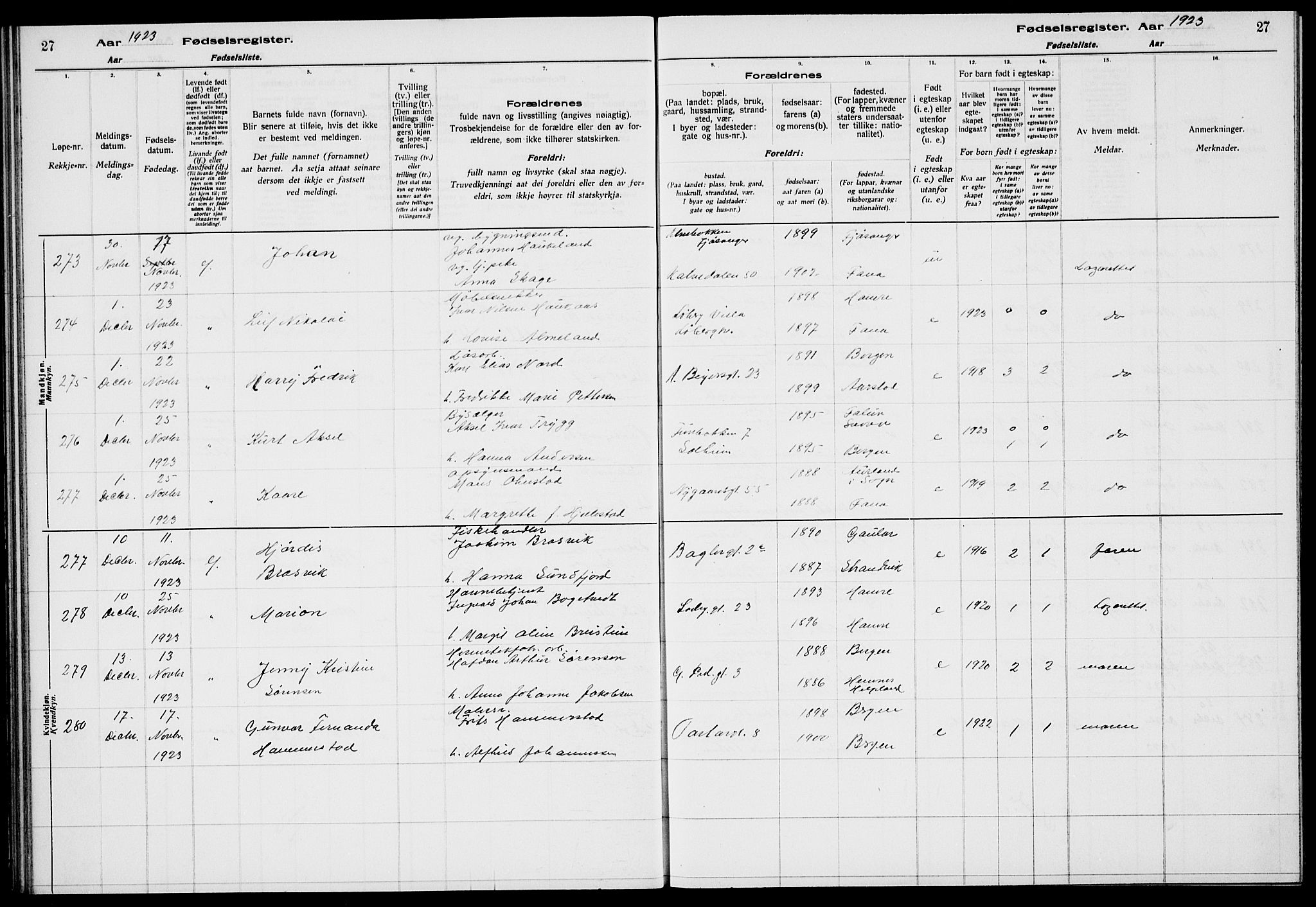 Sandviken Sokneprestembete, AV/SAB-A-77601/I/Ib/L00A3: Fødselsregister nr. A 3, 1923-1926, s. 27