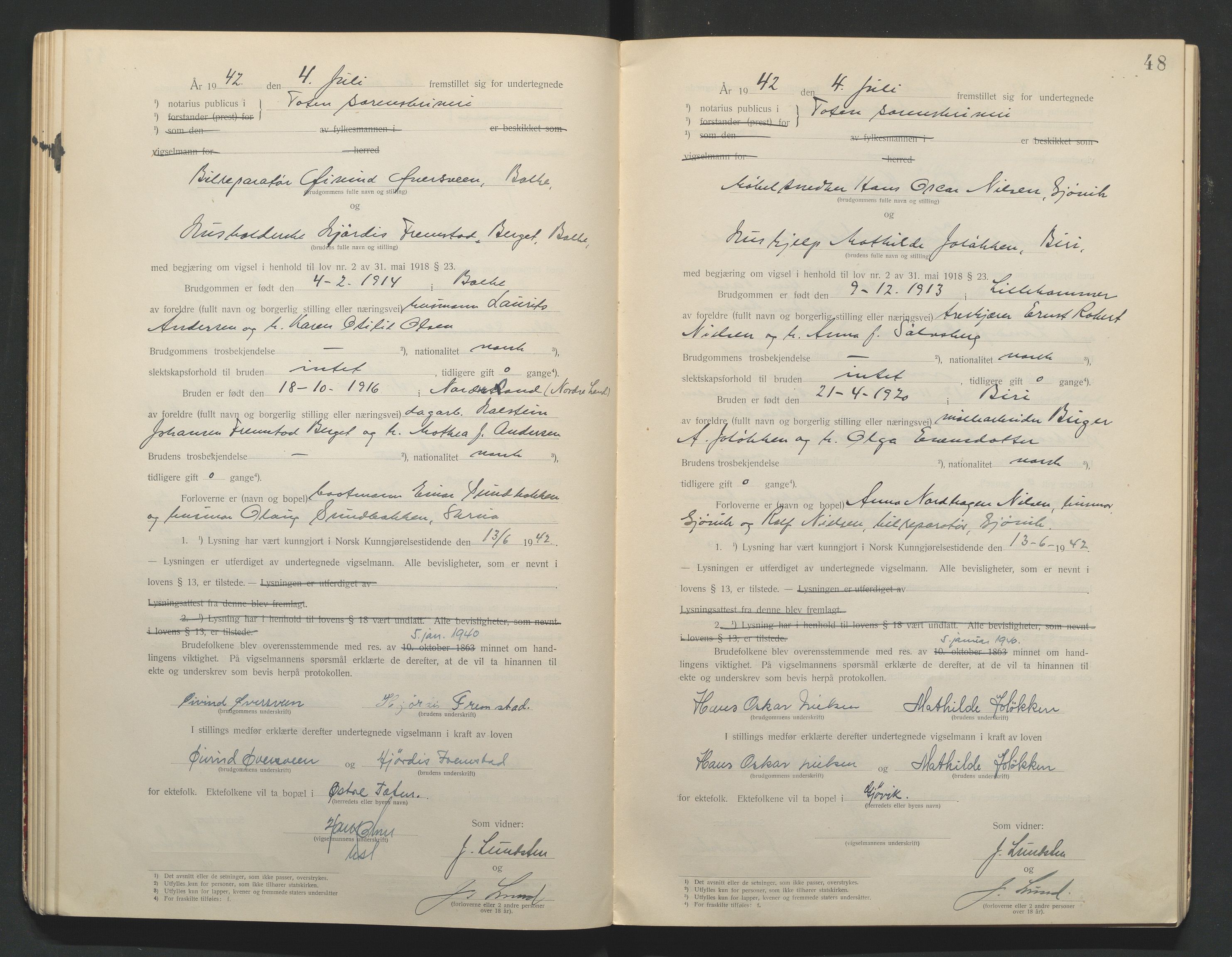 Toten tingrett, AV/SAH-TING-006/L/Lc/L0001: Vigselbok, 1920-1942, s. 48