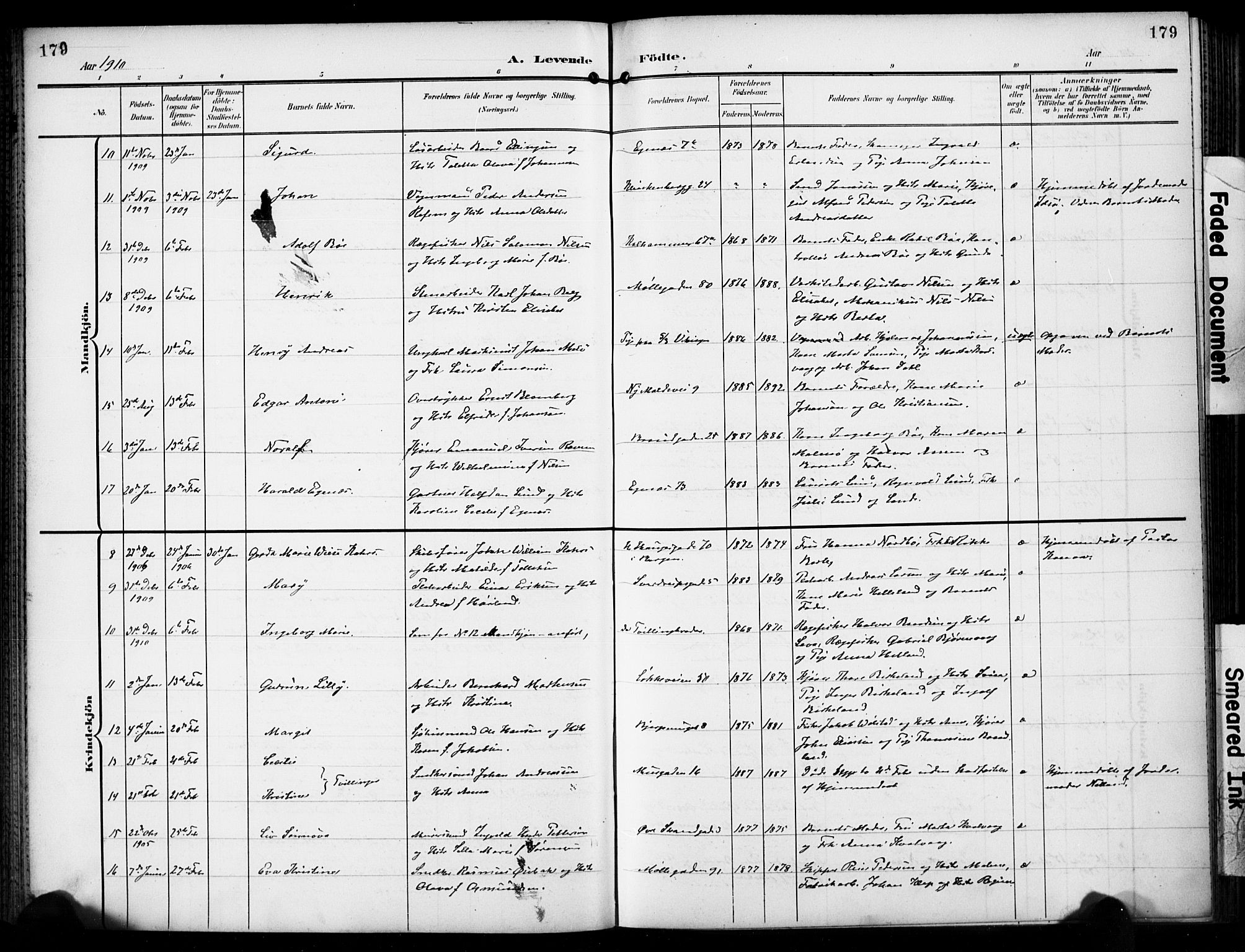 Domkirken sokneprestkontor, SAST/A-101812/001/30/30BB/L0018: Klokkerbok nr. B 18, 1903-1915, s. 179