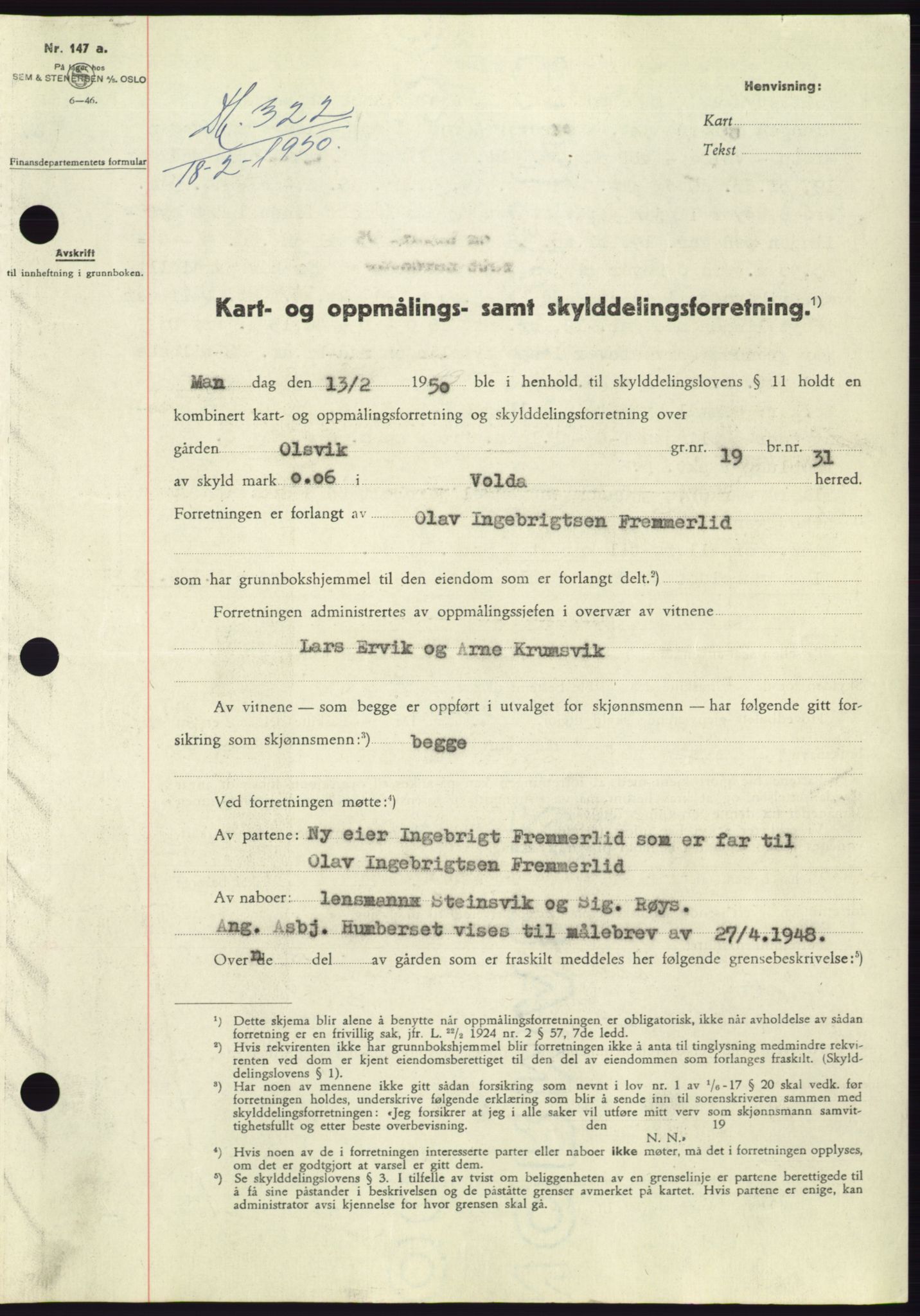 Søre Sunnmøre sorenskriveri, SAT/A-4122/1/2/2C/L0086: Pantebok nr. 12A, 1949-1950, Dagboknr: 322/1950
