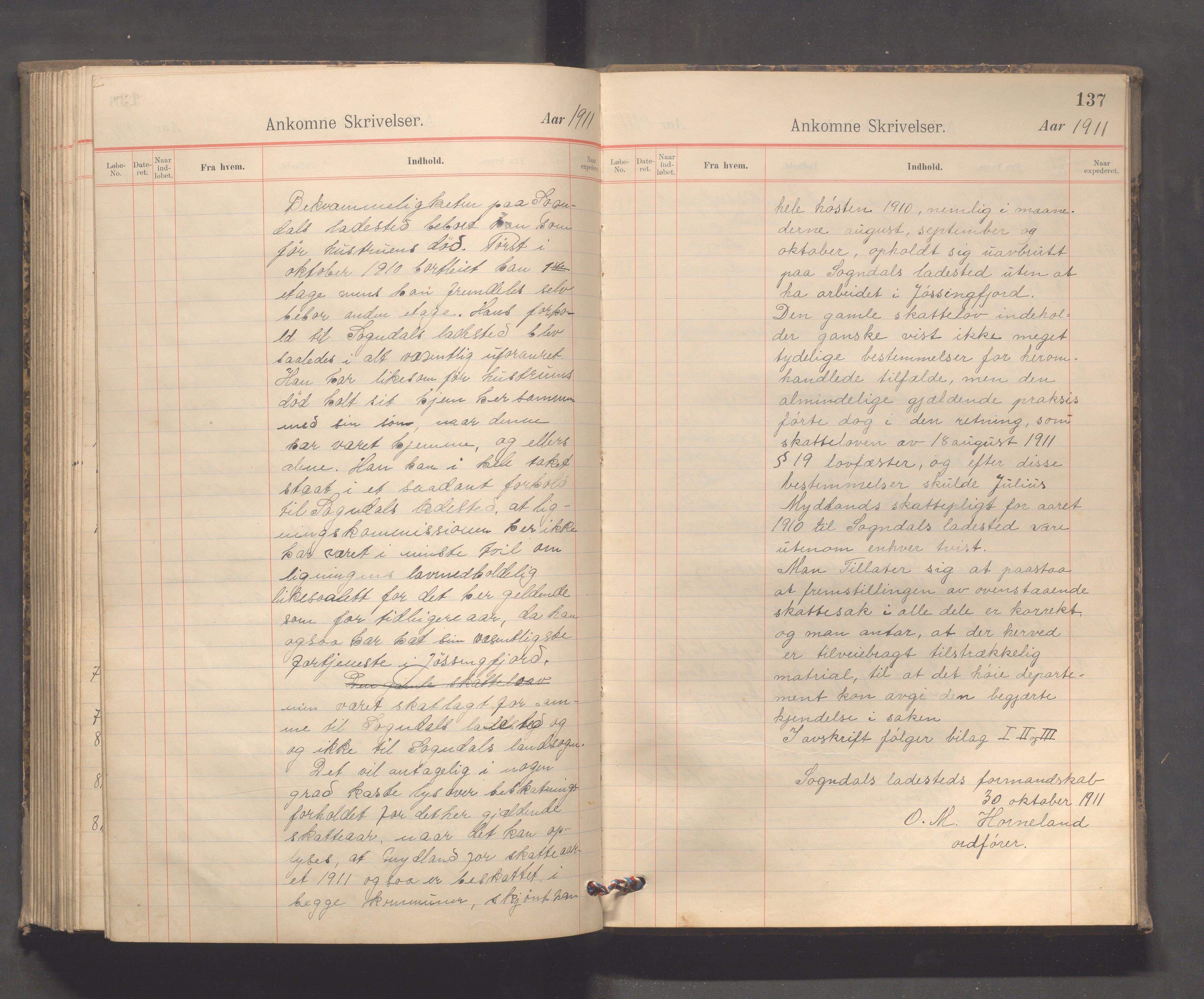 Sokndal kommune - Formannskapet/Sentraladministrasjonen, IKAR/K-101099/C/Ca/L0003: Journal, 1904-1912, s. 137