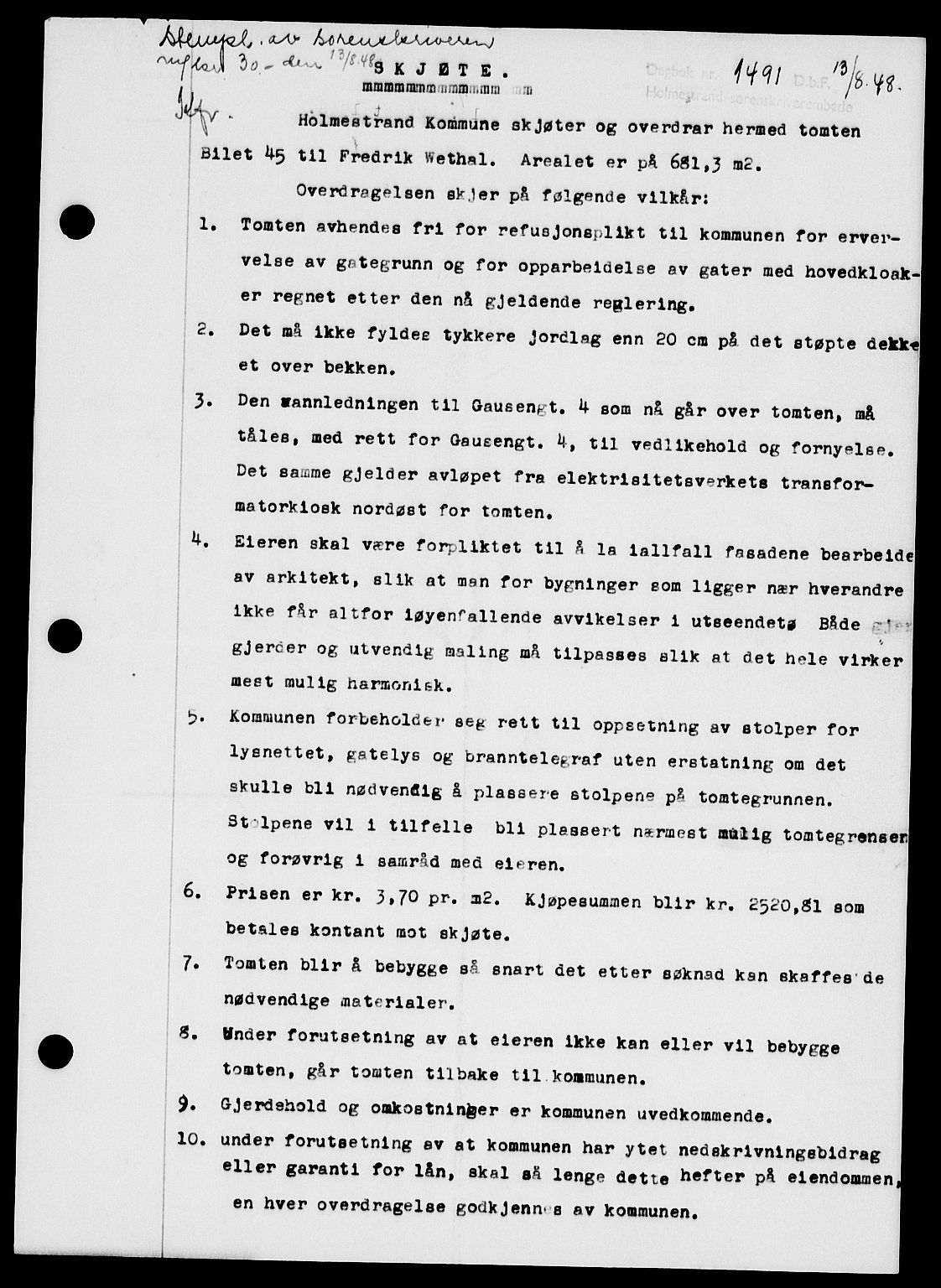Holmestrand sorenskriveri, SAKO/A-67/G/Ga/Gaa/L0064: Pantebok nr. A-64, 1948-1948, Dagboknr: 1491/1948
