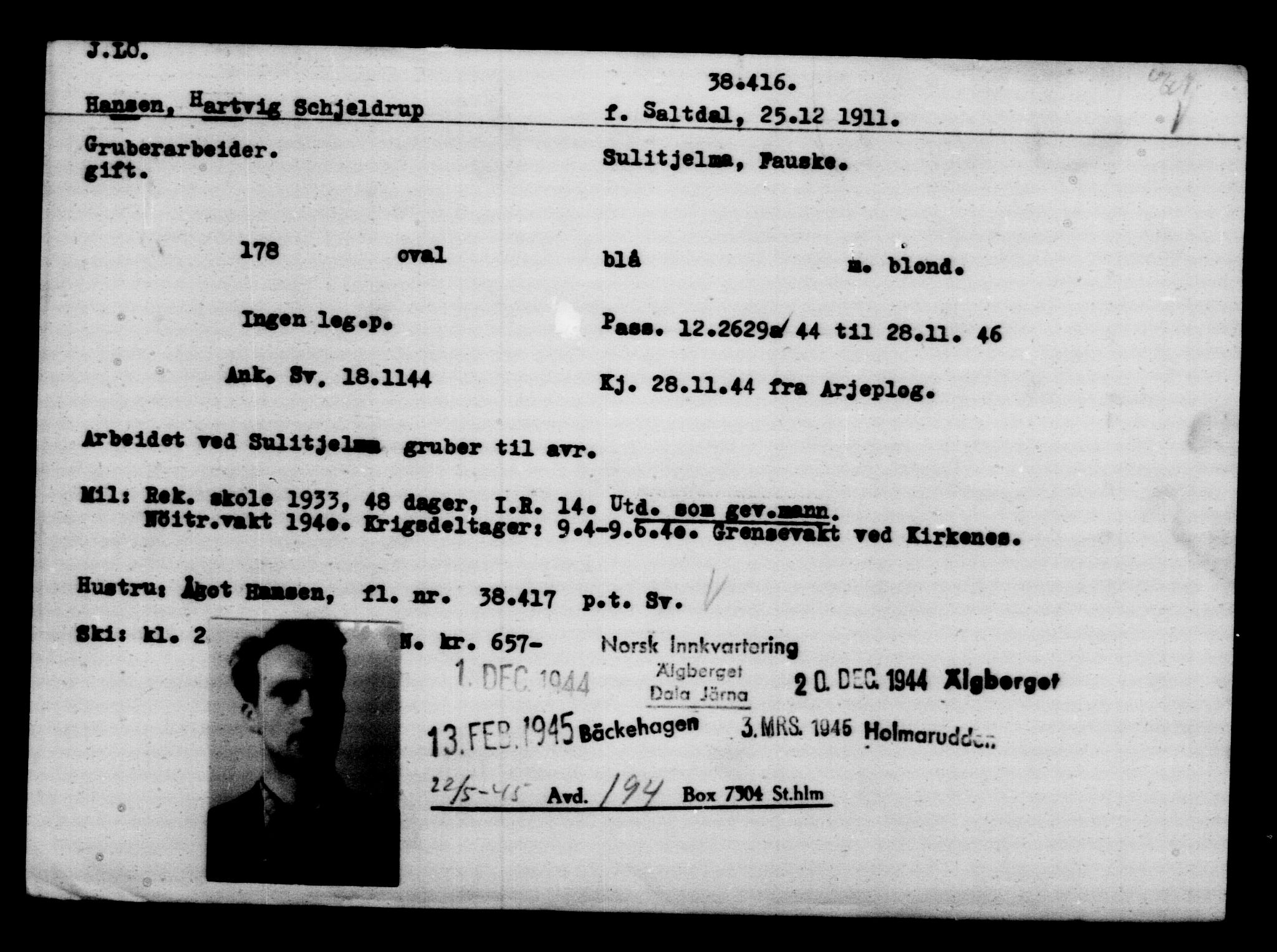 Utenriksstasjonene, Legasjonen i Stockholm, Flyktningkontoret, AV/RA-S-6753/V/Va/L0015: Kjesäterkartoteket, flyktninger med registreringsnr. 37800-40770, 1940-1945, s. 628