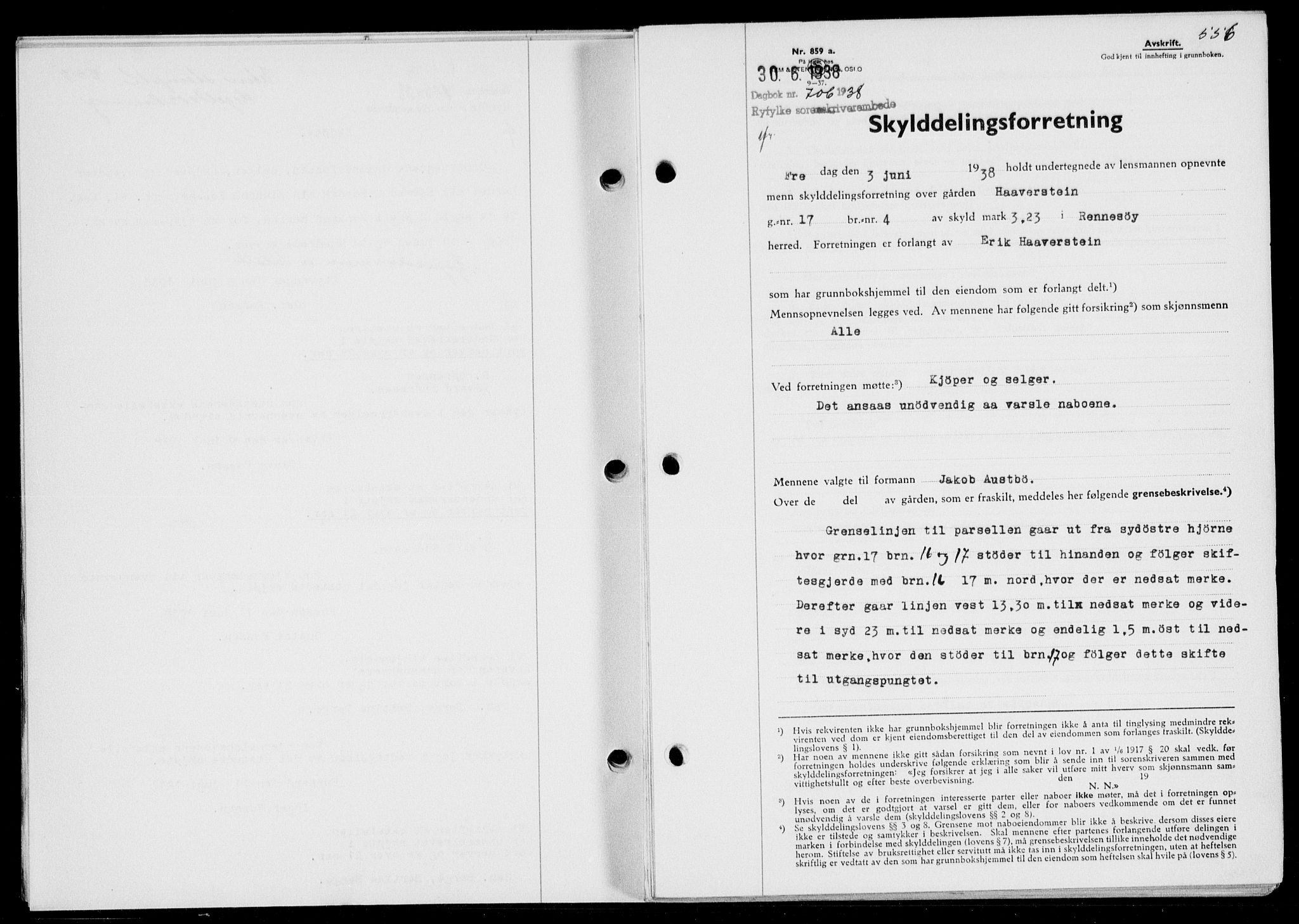 Ryfylke tingrett, SAST/A-100055/001/II/IIB/L0077: Pantebok nr. 56, 1938-1938, Dagboknr: 706/1938