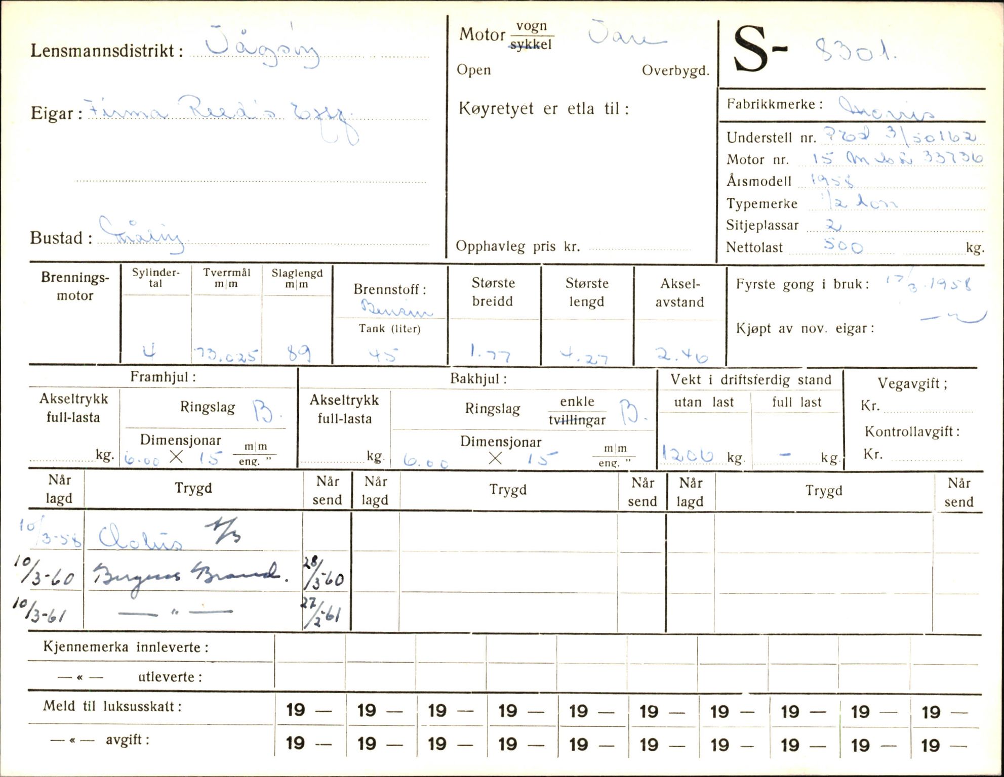 Statens vegvesen, Sogn og Fjordane vegkontor, SAB/A-5301/4/F/L0006: Registerkort utmeldte Fjordane S8300-9500, 1930-1961, s. 2