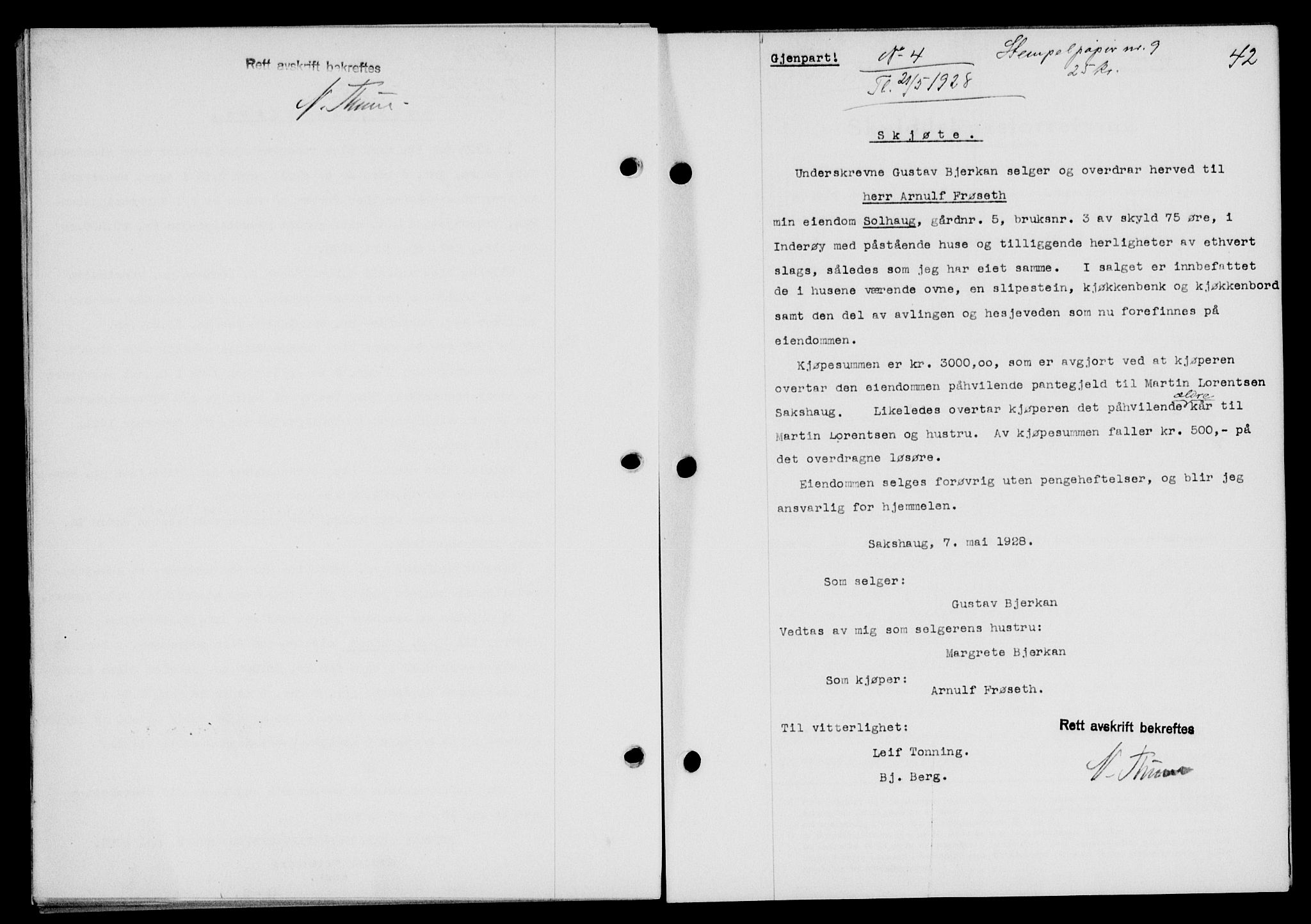 Inderøy sorenskriveri, SAT/A-4147/1/2/2C/L0065: Pantebok nr. 51, 1928-1928, Tingl.dato: 21.05.1928