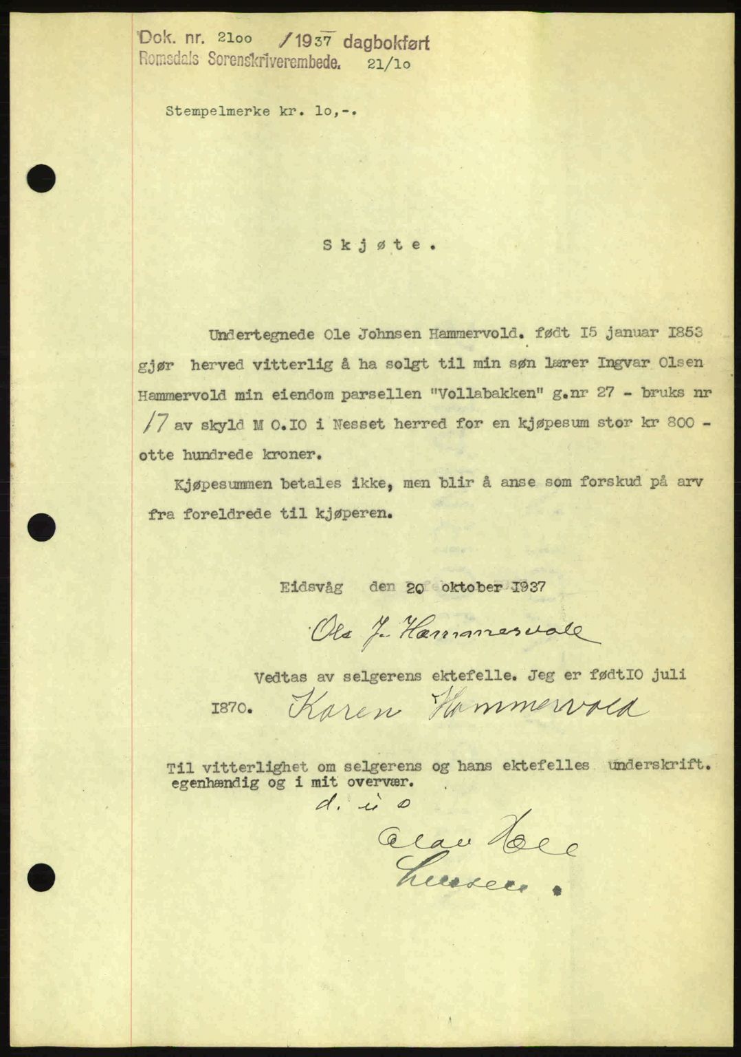 Romsdal sorenskriveri, SAT/A-4149/1/2/2C: Pantebok nr. A4, 1937-1938, Dagboknr: 2100/1937