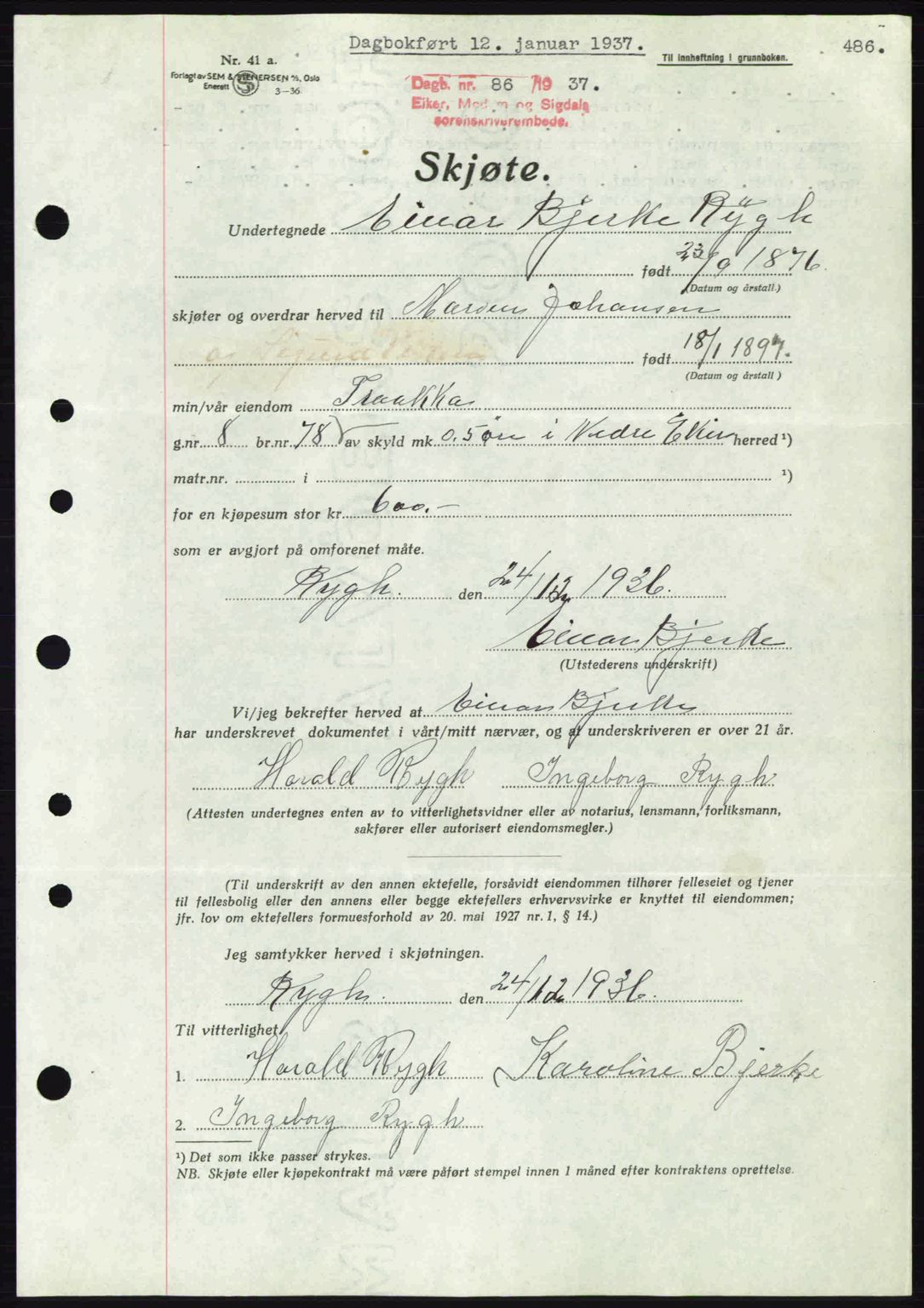 Eiker, Modum og Sigdal sorenskriveri, SAKO/A-123/G/Ga/Gab/L0034: Pantebok nr. A4, 1936-1937, Dagboknr: 86/1937