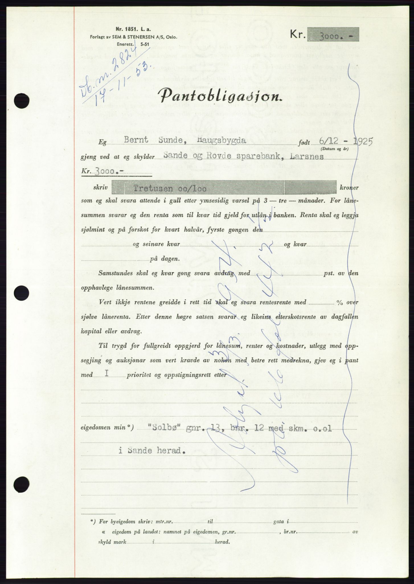 Søre Sunnmøre sorenskriveri, AV/SAT-A-4122/1/2/2C/L0124: Pantebok nr. 12B, 1953-1954, Dagboknr: 2824/1953