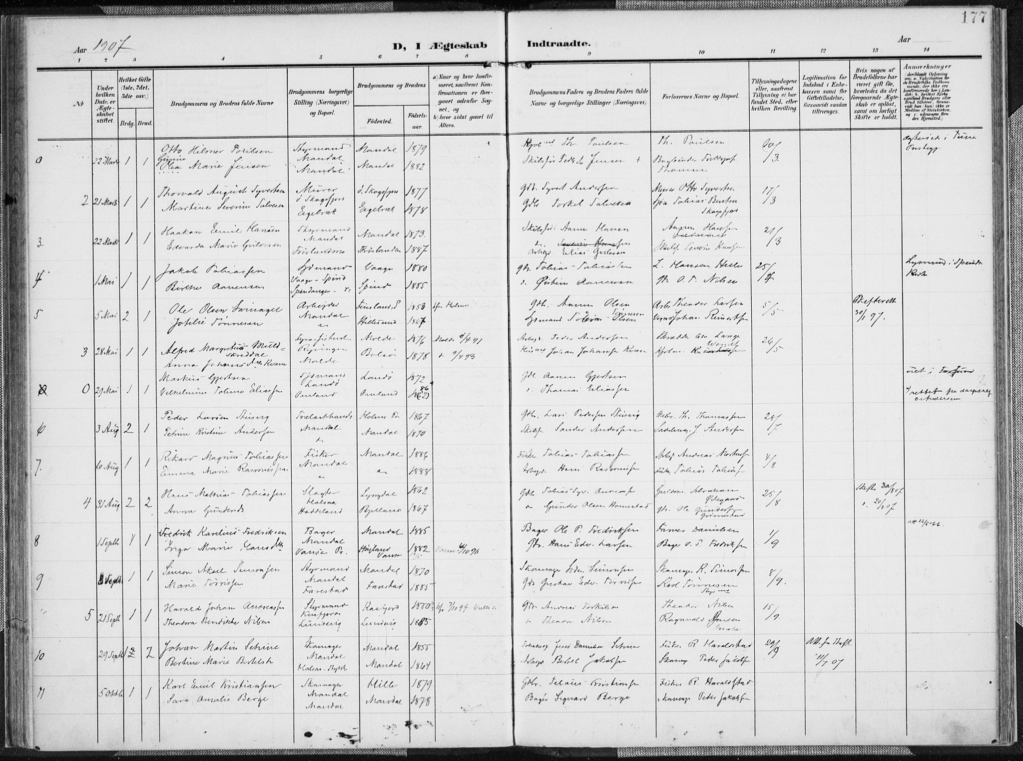 Mandal sokneprestkontor, AV/SAK-1111-0030/F/Fa/Faa/L0020: Ministerialbok nr. A 20, 1906-1912, s. 177