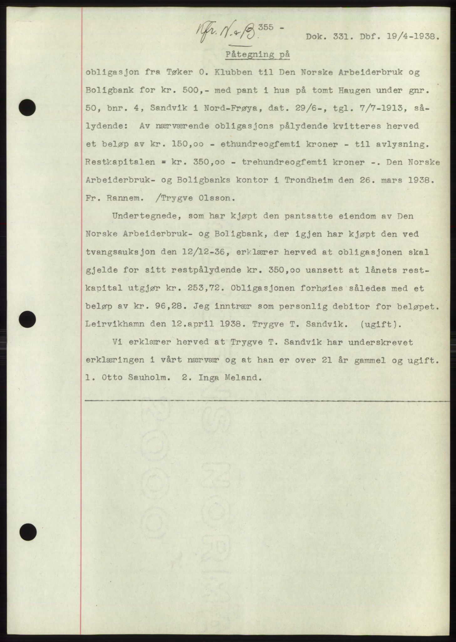 Hitra sorenskriveri, AV/SAT-A-0018/2/2C/2Ca: Pantebok nr. C1, 1936-1945, Dagboknr: 331/1938