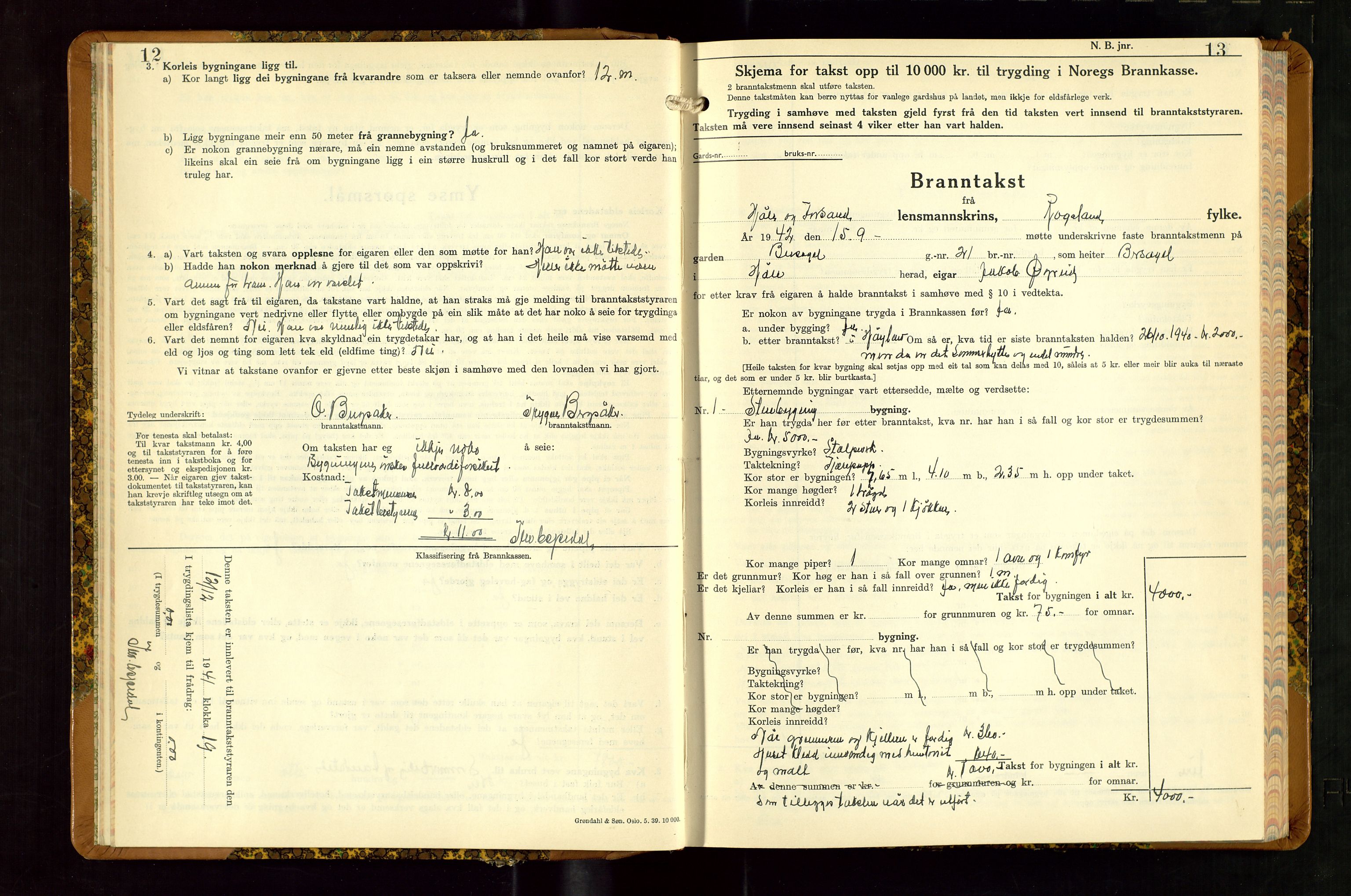 Høle og Forsand lensmannskontor, SAST/A-100127/Gob/L0002: "Branntakstbok" - skjematakst, 1941-1955, s. 12-13