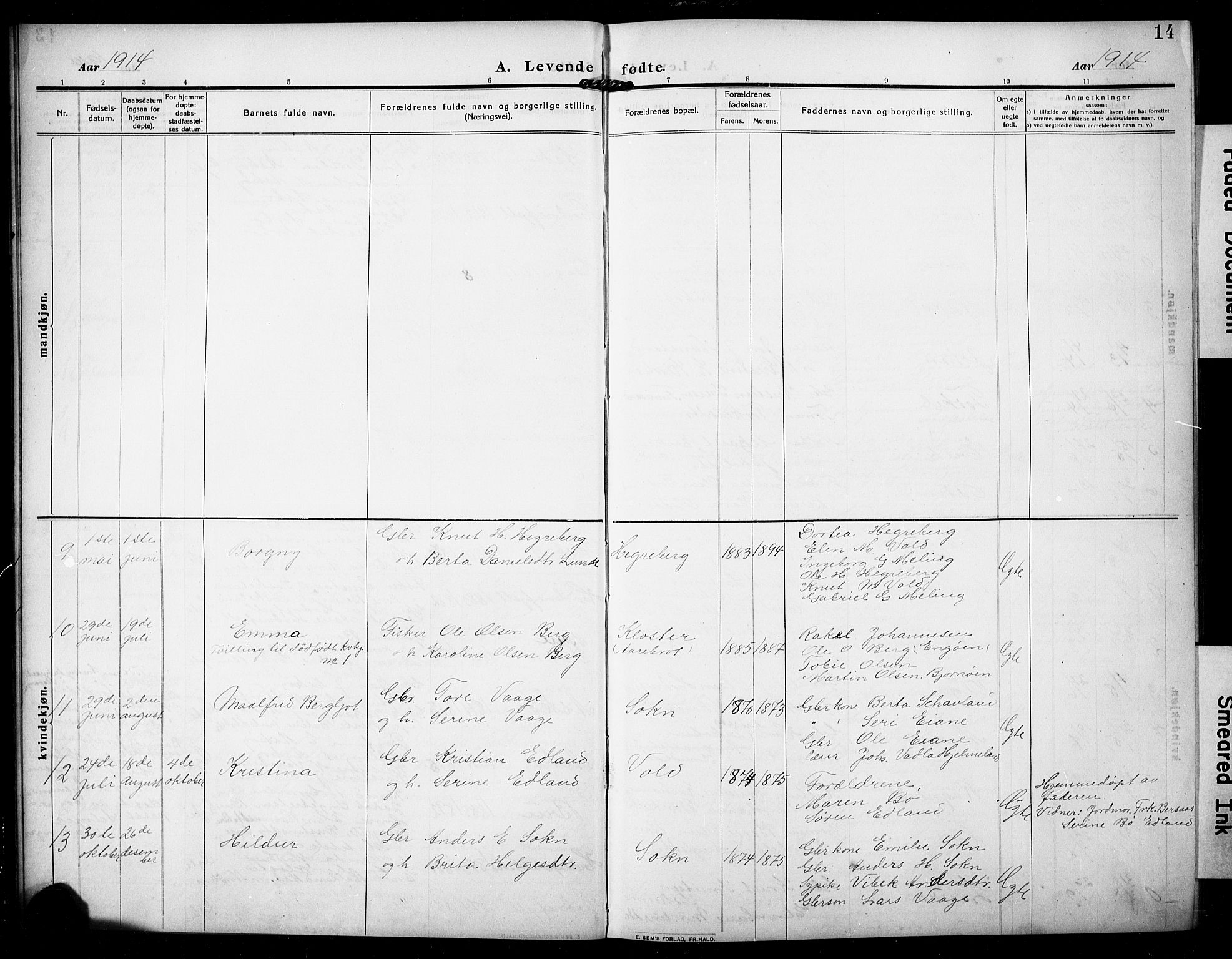 Rennesøy sokneprestkontor, AV/SAST-A -101827/H/Ha/Hab/L0013: Klokkerbok nr. B 12, 1907-1928, s. 14