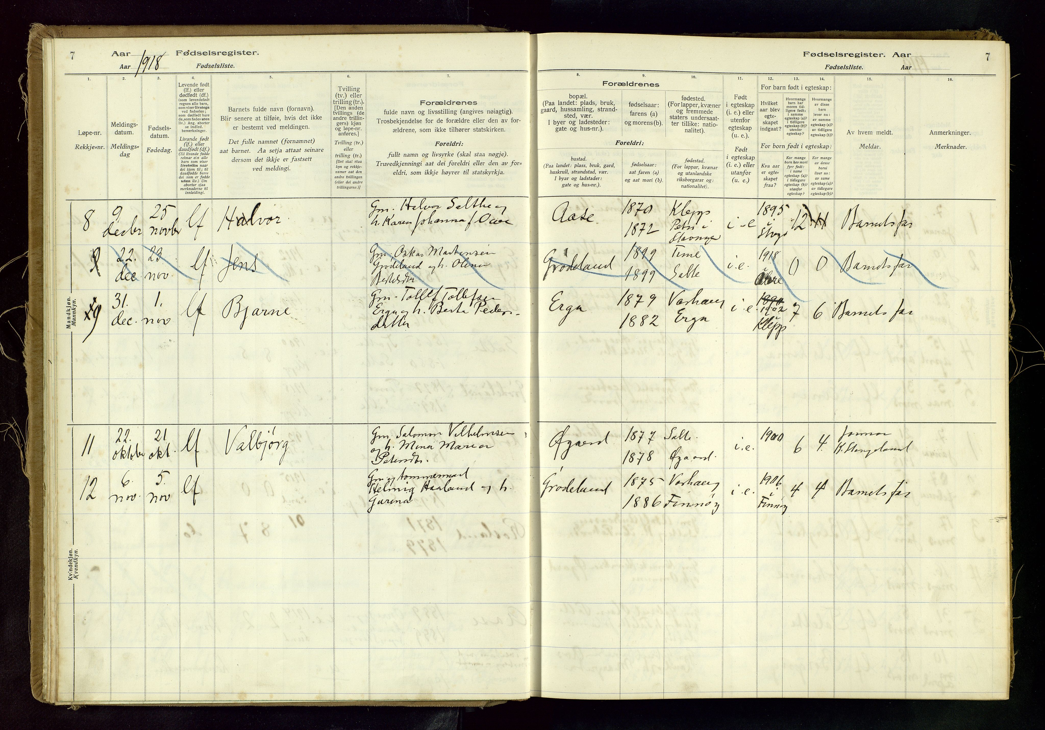 Klepp sokneprestkontor, SAST/A-101803/001/704BAC/L0001: Fødselsregister nr. 1, 1916-1982, s. 7