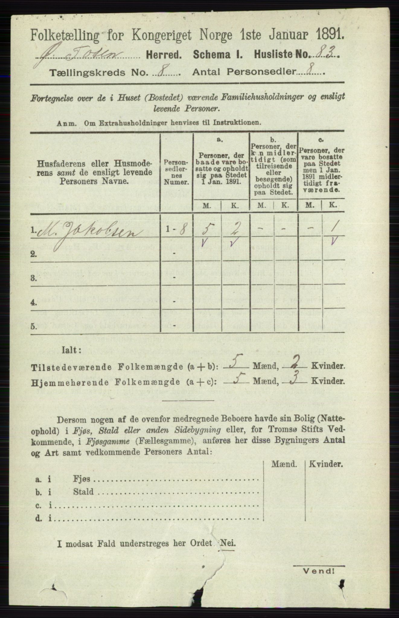 RA, Folketelling 1891 for 0528 Østre Toten herred, 1891, s. 5010