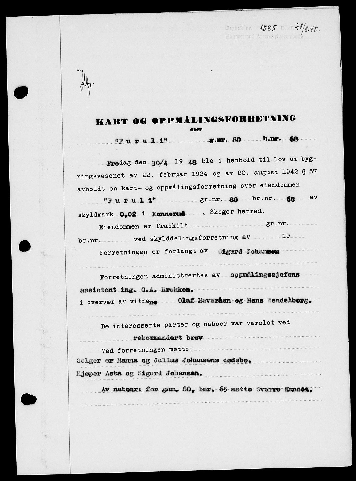 Holmestrand sorenskriveri, SAKO/A-67/G/Ga/Gaa/L0064: Pantebok nr. A-64, 1948-1948, Dagboknr: 1585/1948