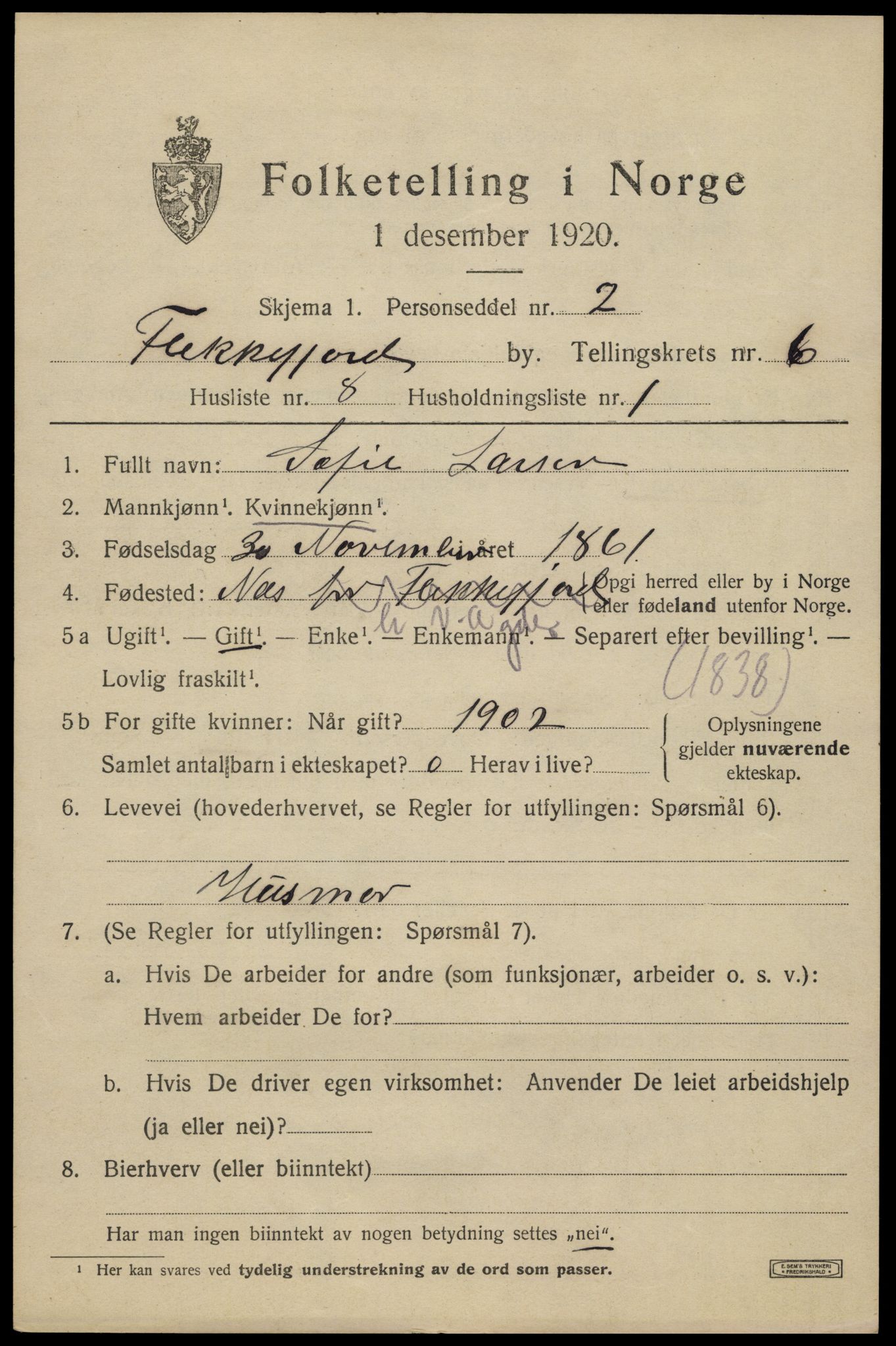SAK, Folketelling 1920 for 1004 Flekkefjord kjøpstad, 1920, s. 5834