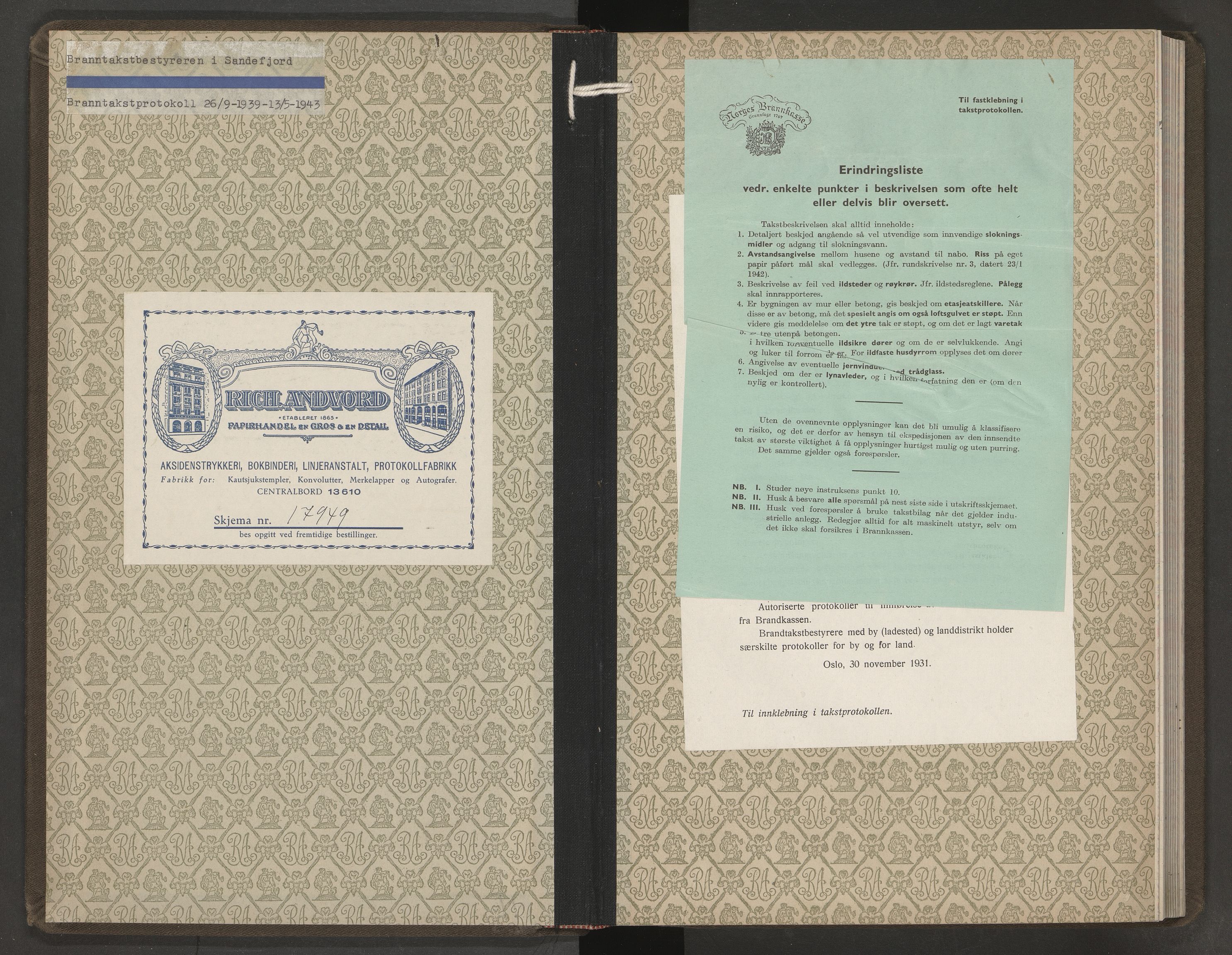 Sandefjord magistrat, SAKO/A-852/F/Fa/L0009: Branntakstprotokoll, 1939-1943