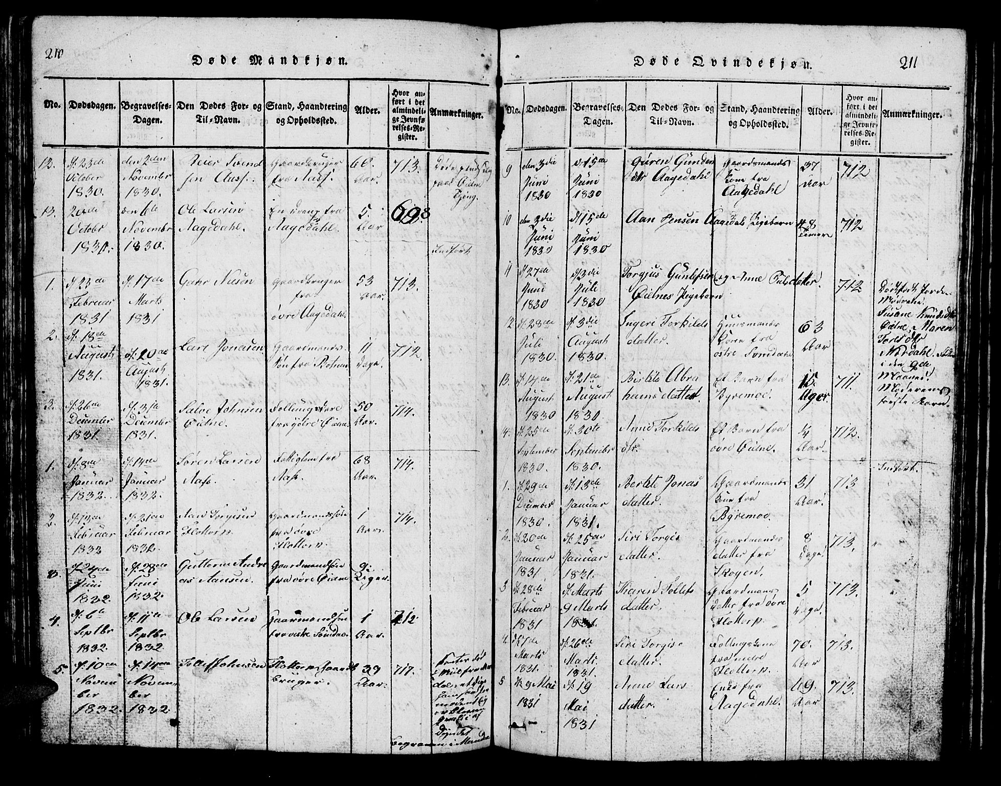 Bjelland sokneprestkontor, SAK/1111-0005/F/Fb/Fbc/L0001: Klokkerbok nr. B 1, 1815-1870, s. 210-211