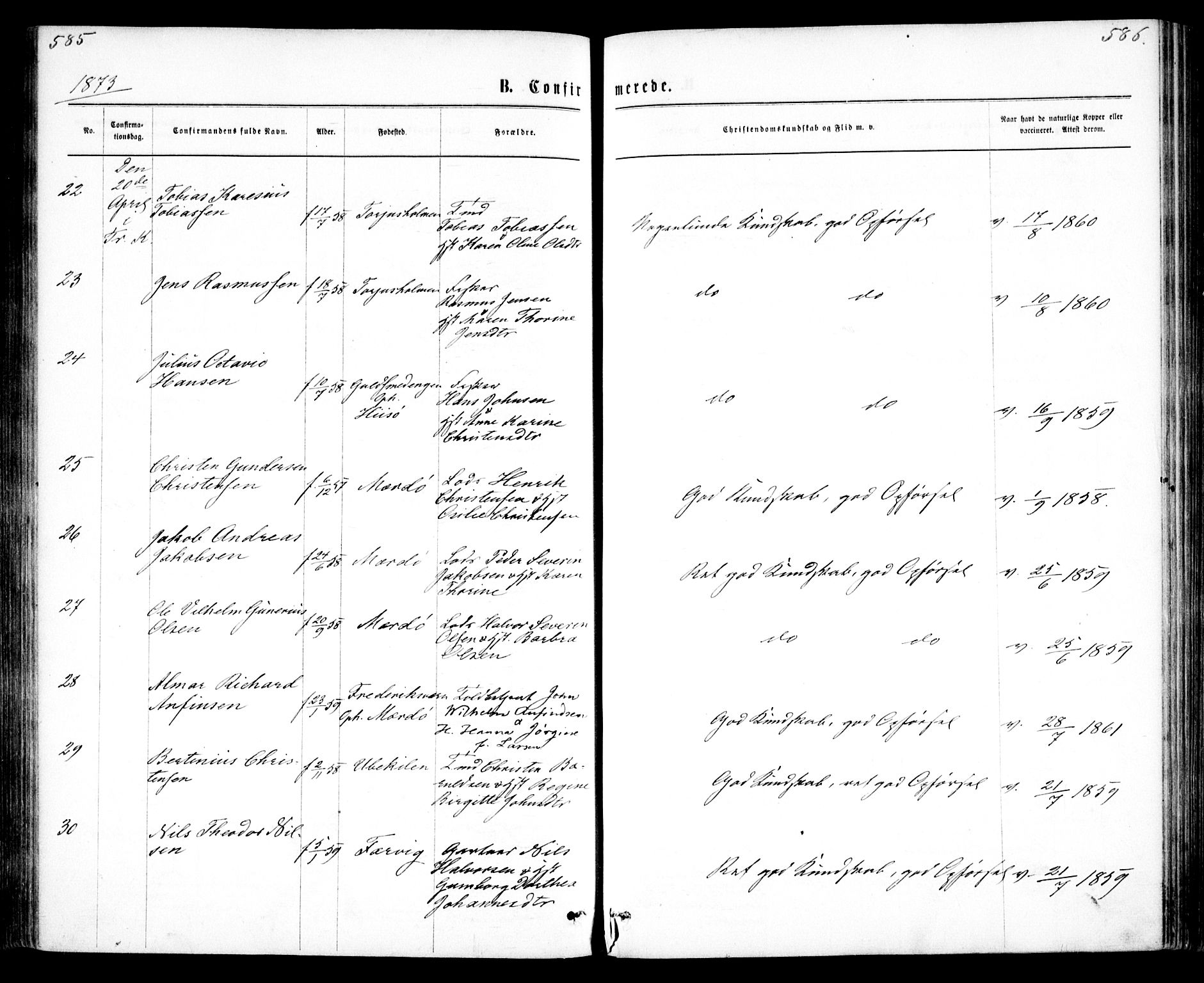 Tromøy sokneprestkontor, AV/SAK-1111-0041/F/Fa/L0008: Ministerialbok nr. A 8, 1870-1877, s. 585-586