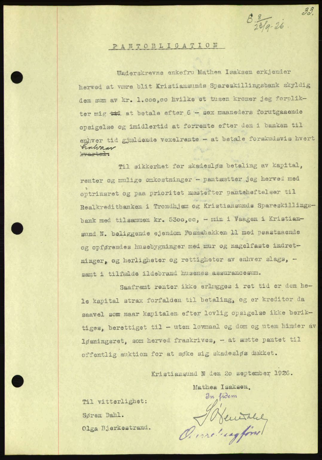 Kristiansund byfogd, AV/SAT-A-4587/A/27: Pantebok nr. 21, 1926-1928, Tingl.dato: 23.09.1926