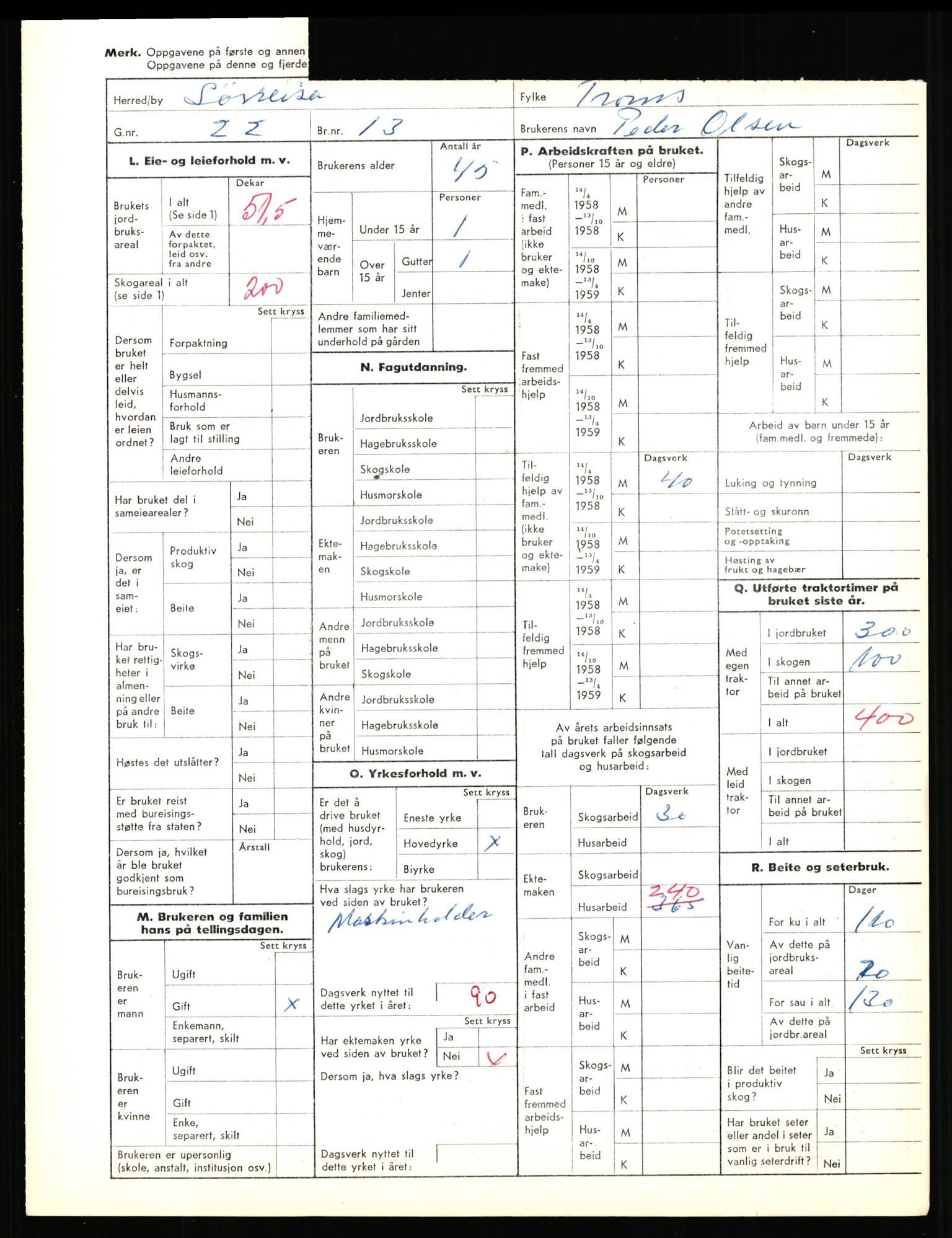 Statistisk sentralbyrå, Næringsøkonomiske emner, Jordbruk, skogbruk, jakt, fiske og fangst, AV/RA-S-2234/G/Gd/L0656: Troms: 1924 Målselv (kl. 0-3) og 1925 Sørreisa, 1959, s. 1955