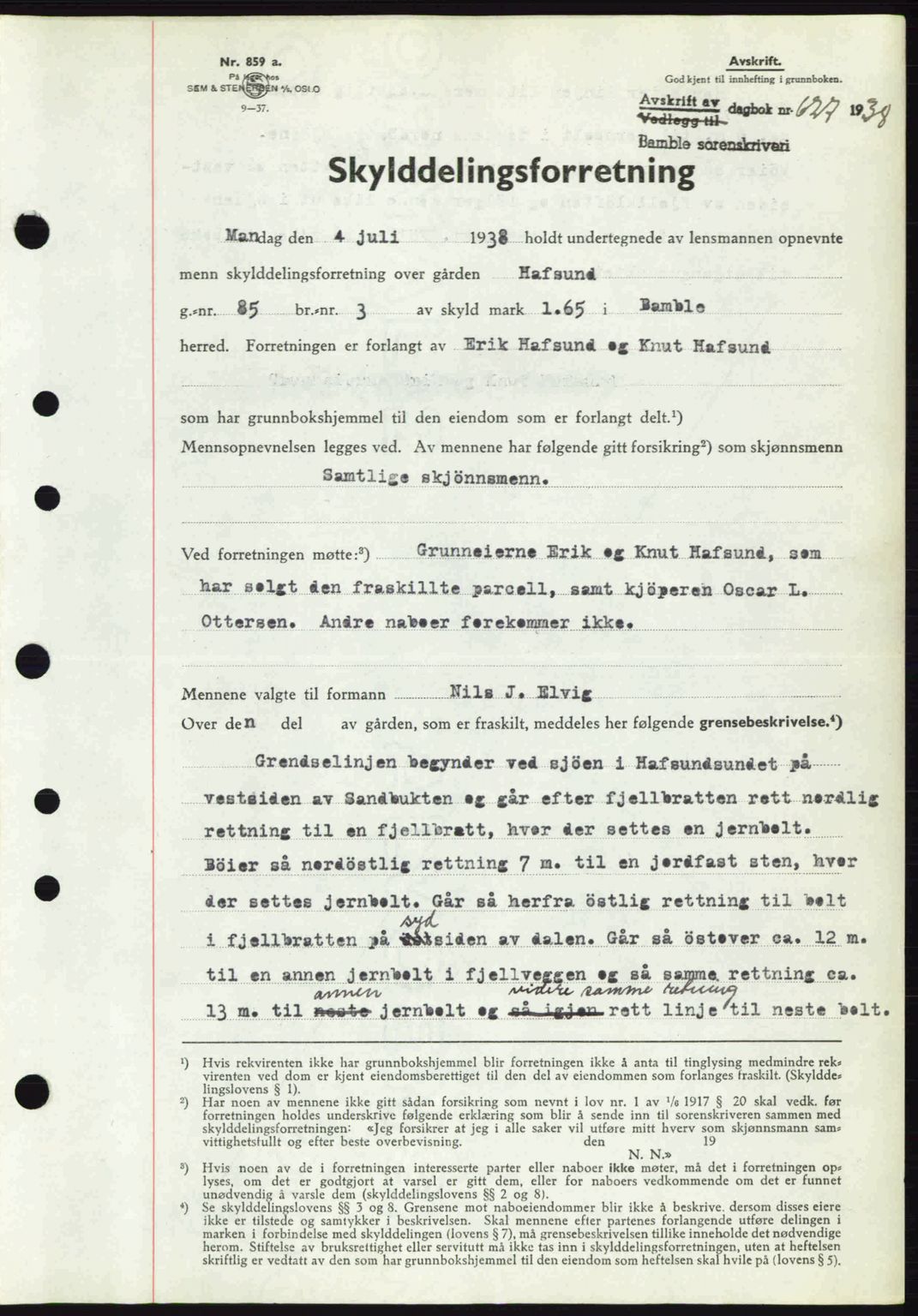 Bamble sorenskriveri, AV/SAKO-A-214/G/Ga/Gag/L0002: Pantebok nr. A-2, 1937-1938, Dagboknr: 627/1938