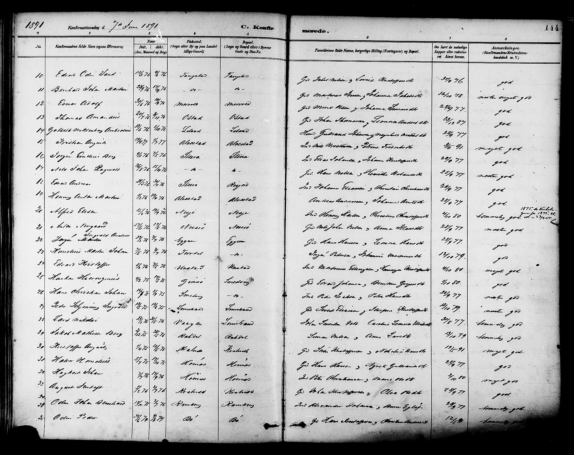 Ministerialprotokoller, klokkerbøker og fødselsregistre - Nordland, SAT/A-1459/880/L1133: Ministerialbok nr. 880A07, 1888-1898, s. 144