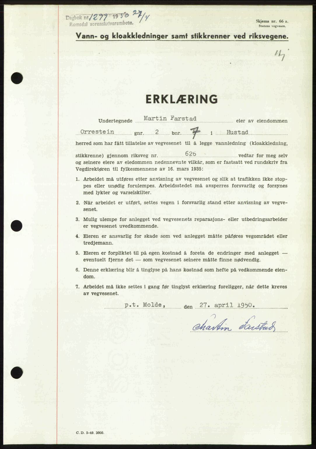 Romsdal sorenskriveri, SAT/A-4149/1/2/2C: Pantebok nr. A33, 1950-1950, Dagboknr: 1299/1950