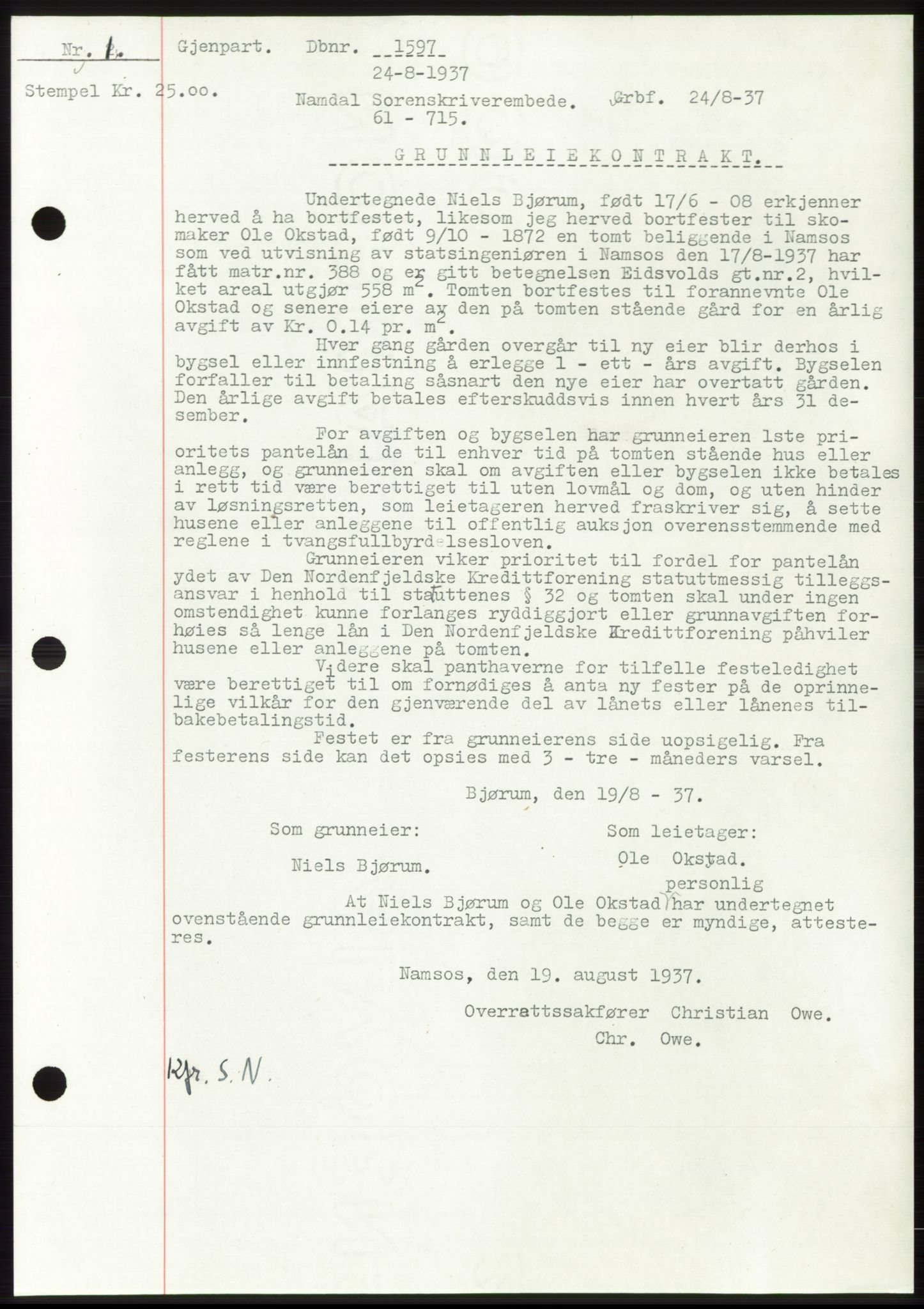 Namdal sorenskriveri, SAT/A-4133/1/2/2C: Pantebok nr. -, 1937-1939, Tingl.dato: 24.08.1937