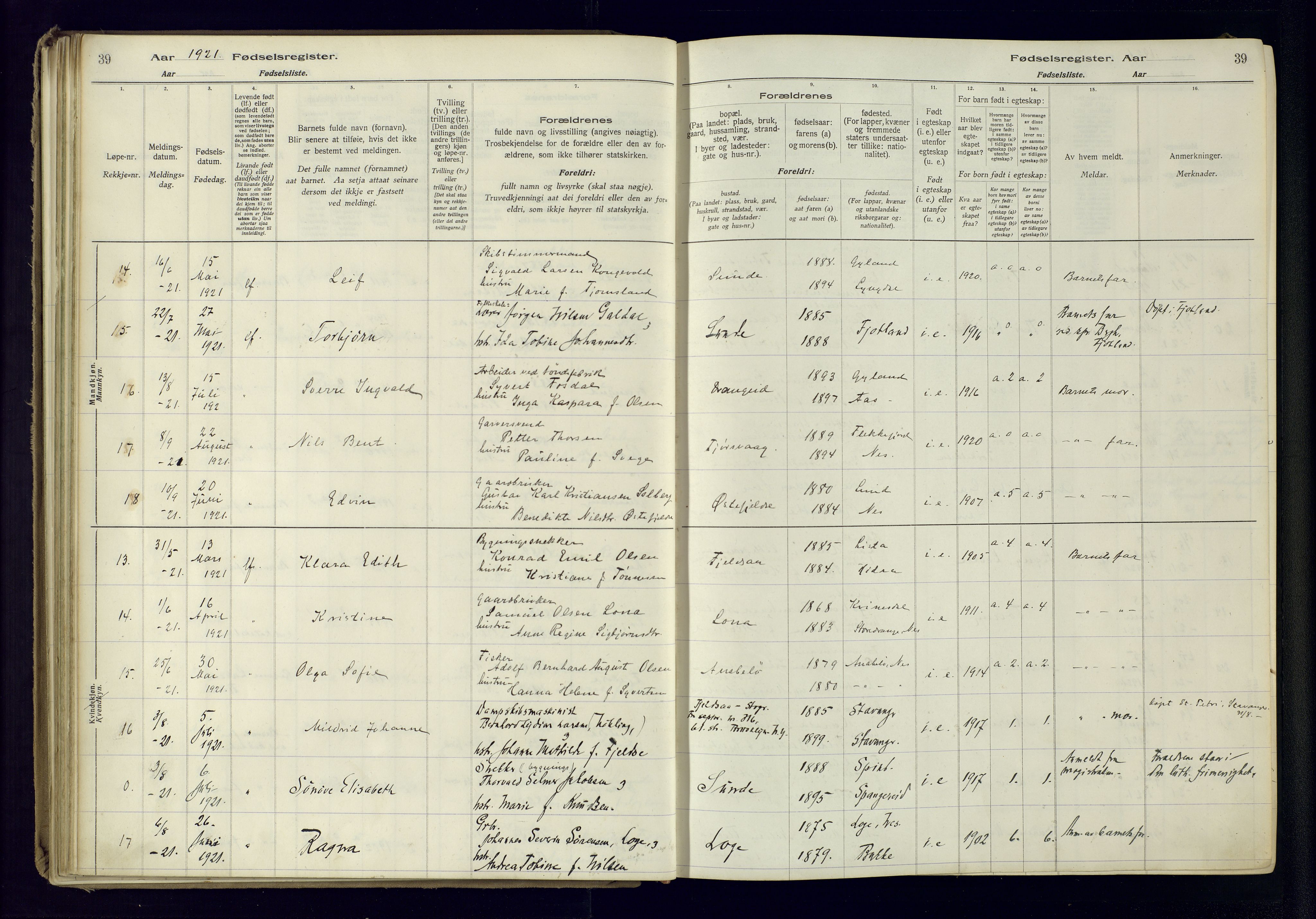 Flekkefjord sokneprestkontor, AV/SAK-1111-0012/J/Ja/L0005: Fødselsregister nr. 5, 1916-1950, s. 39