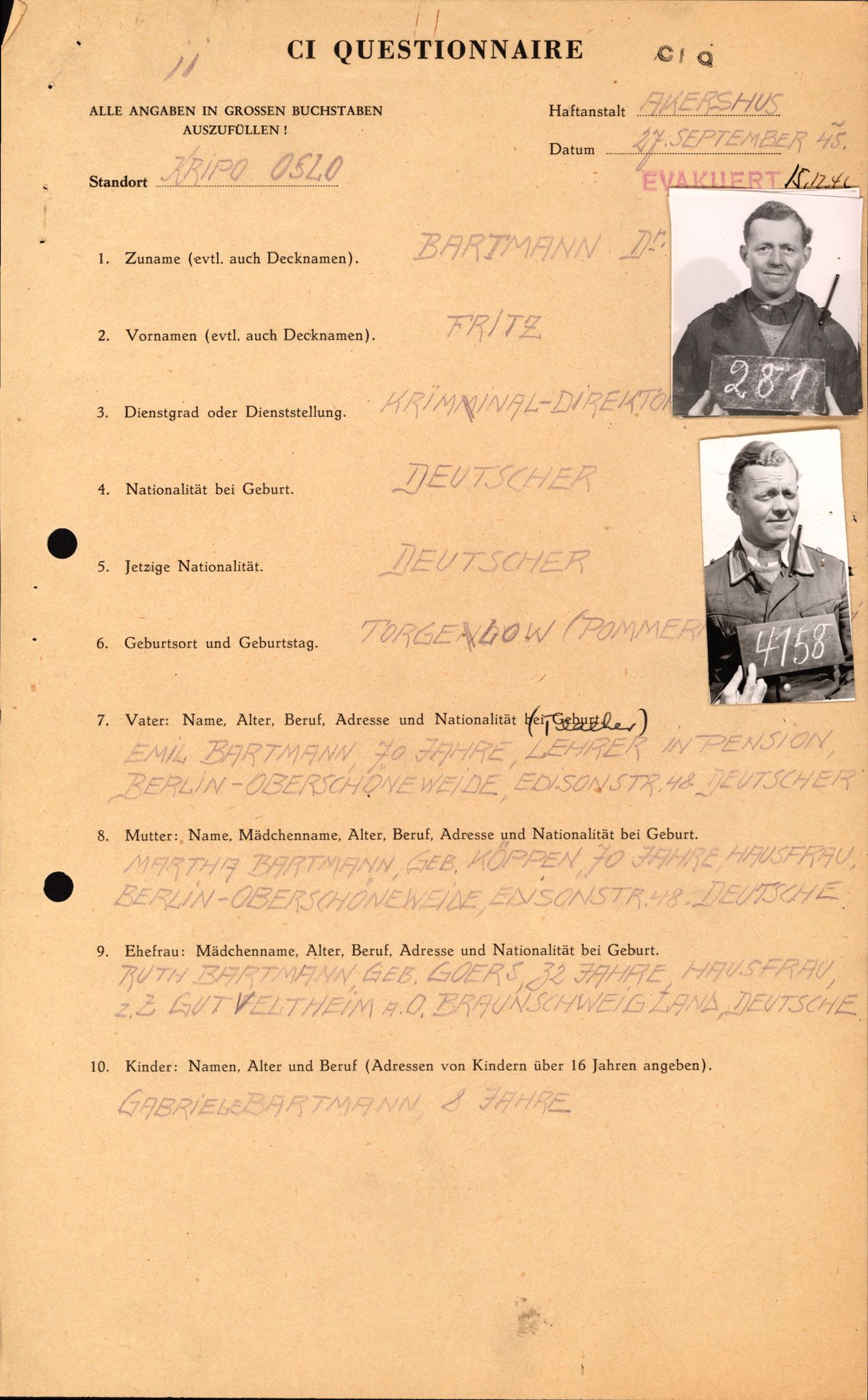 Forsvaret, Forsvarets overkommando II, RA/RAFA-3915/D/Db/L0002: CI Questionaires. Tyske okkupasjonsstyrker i Norge. Tyskere., 1945-1946, s. 164